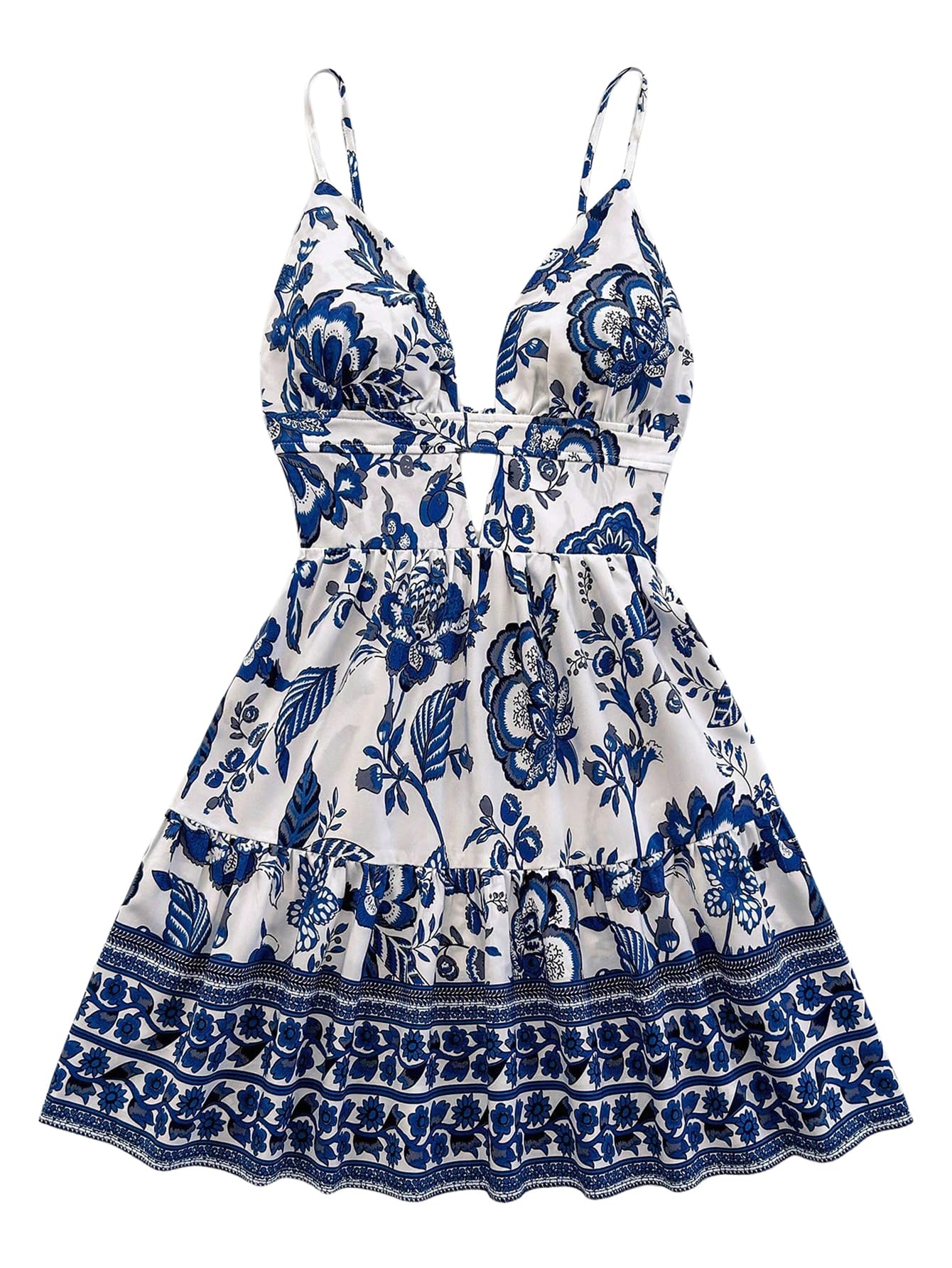 Women's Sleeveless Butterfly Print Cut Out V Neck Tiered Mini Cami Dresses