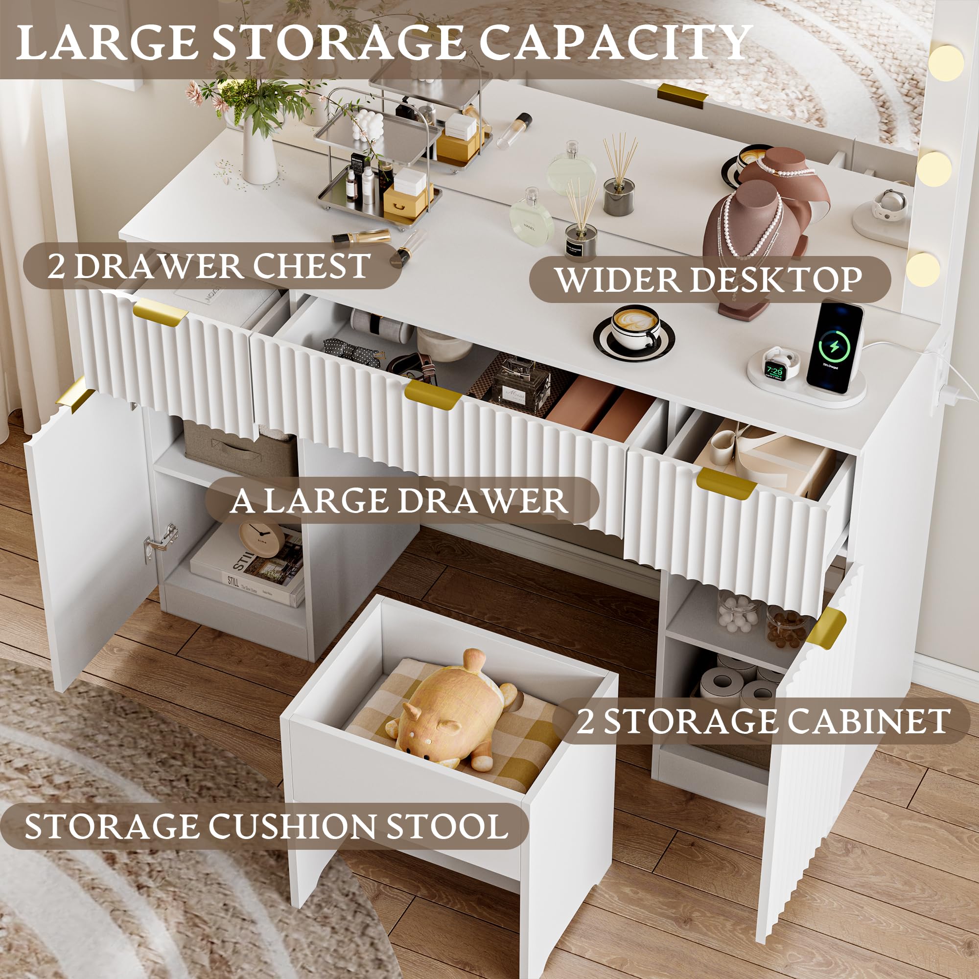 Makeup Vanity Desk with Mirror, Fluted Panel, Large LED Mirror, 3 Lighting Modes & Adjustable Brightness, Charging Station, Dressing Table with Stool