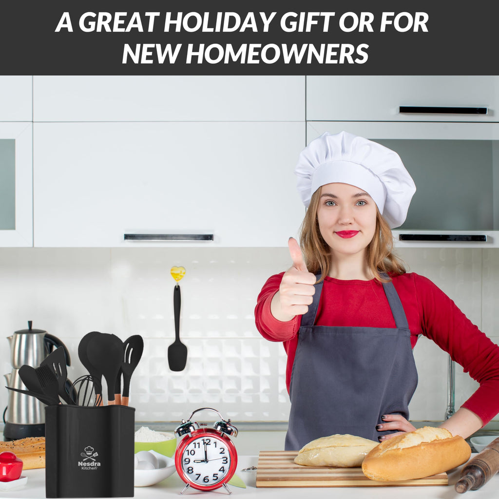 Silicone Cooking Utensils Set with Wooden Handles â€?Food-Grade, BPA-Free & Heat Resistant Kitchen Tools for Nonstick Cookware, Includes Holder & Hooks 33-Piece