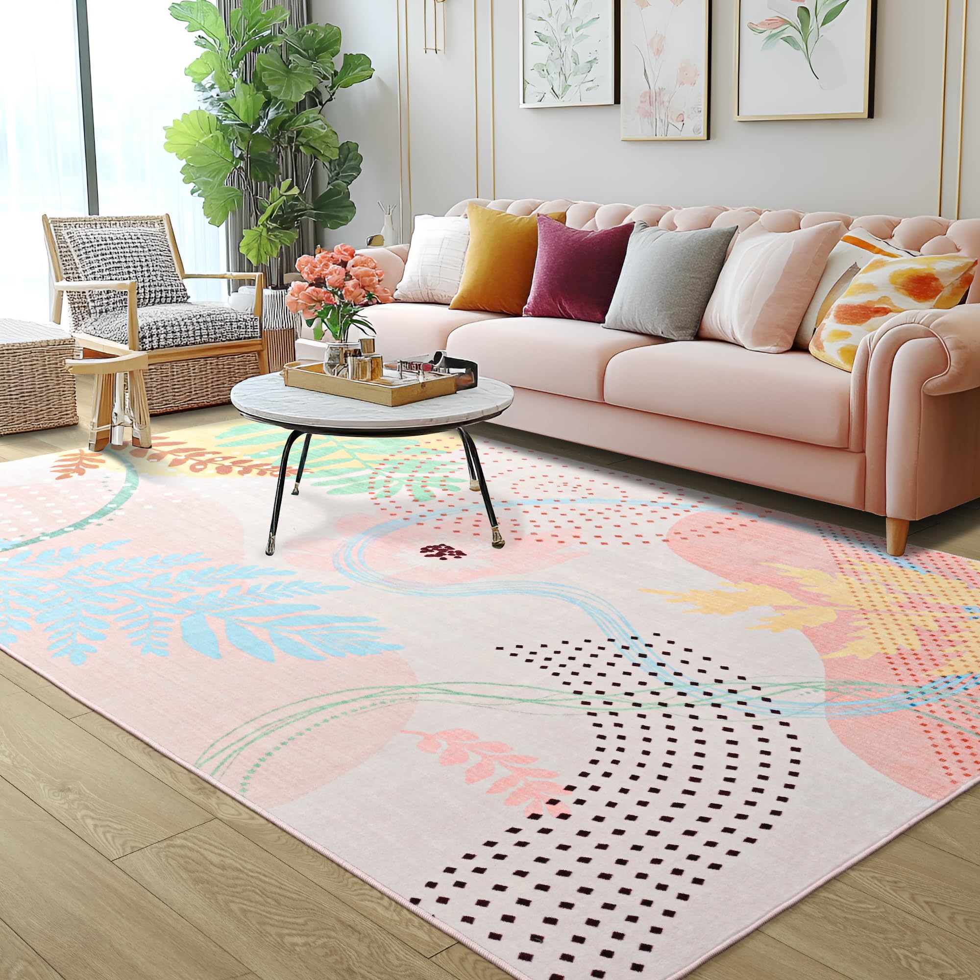 Faux Wool Boho Floral Area Rug Abstract Print Soft Carpet, TPR Non-Slip Backing, Machine Washable Low Pile Rug