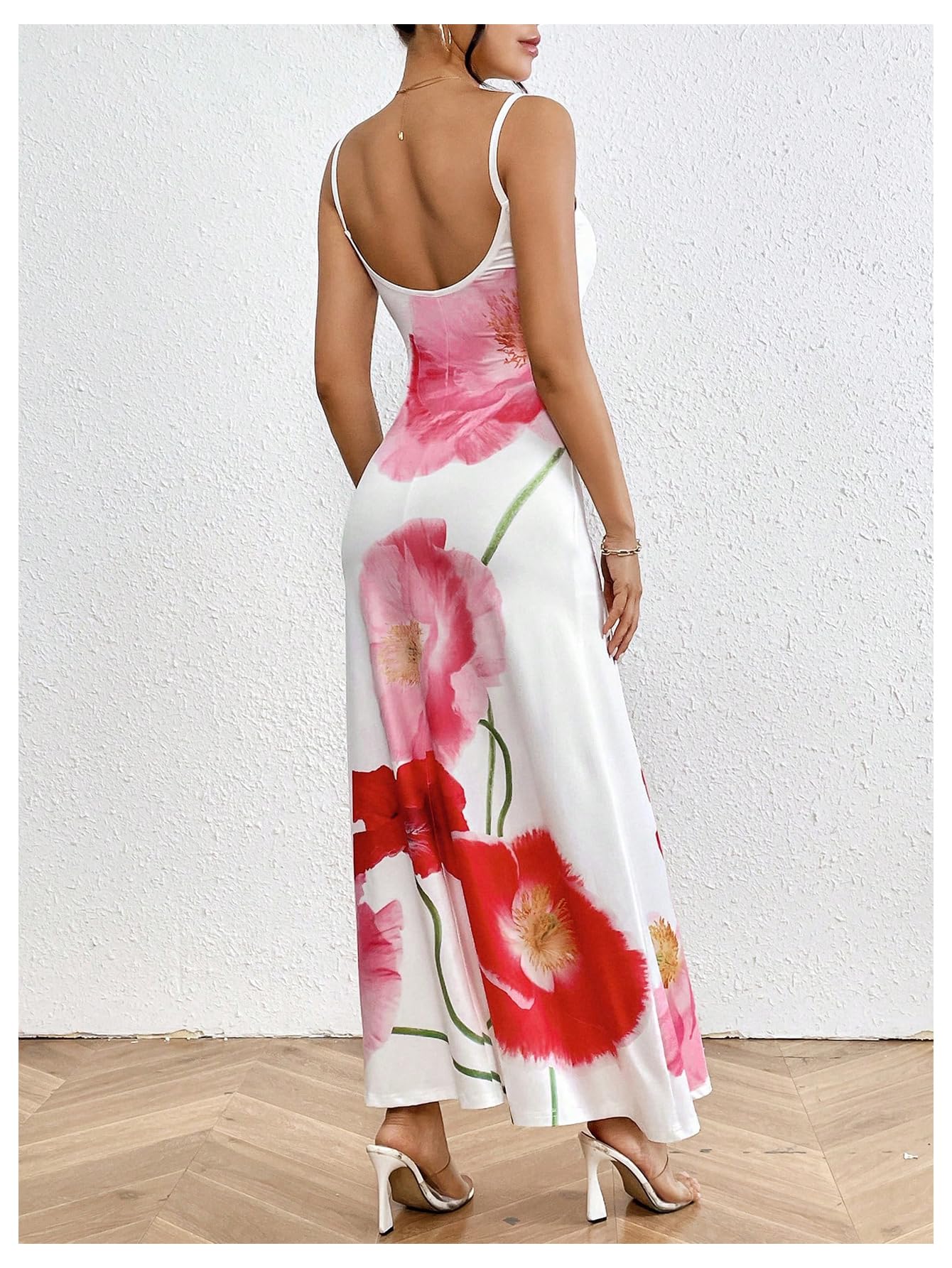 Women's Floral Print Backless Maxi Dress Scoop Neck Sleeveless Spaghetti Strap Dresses