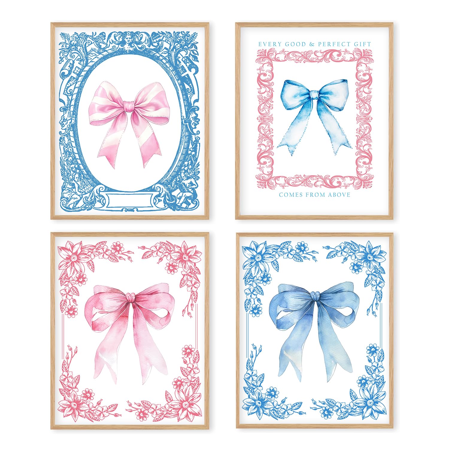 Porcelain Chinoiserie Posters Bow Wall Prints Unframed, 8x10 Blue Print Set Of 4, Pink Bow Coquette Room Decor