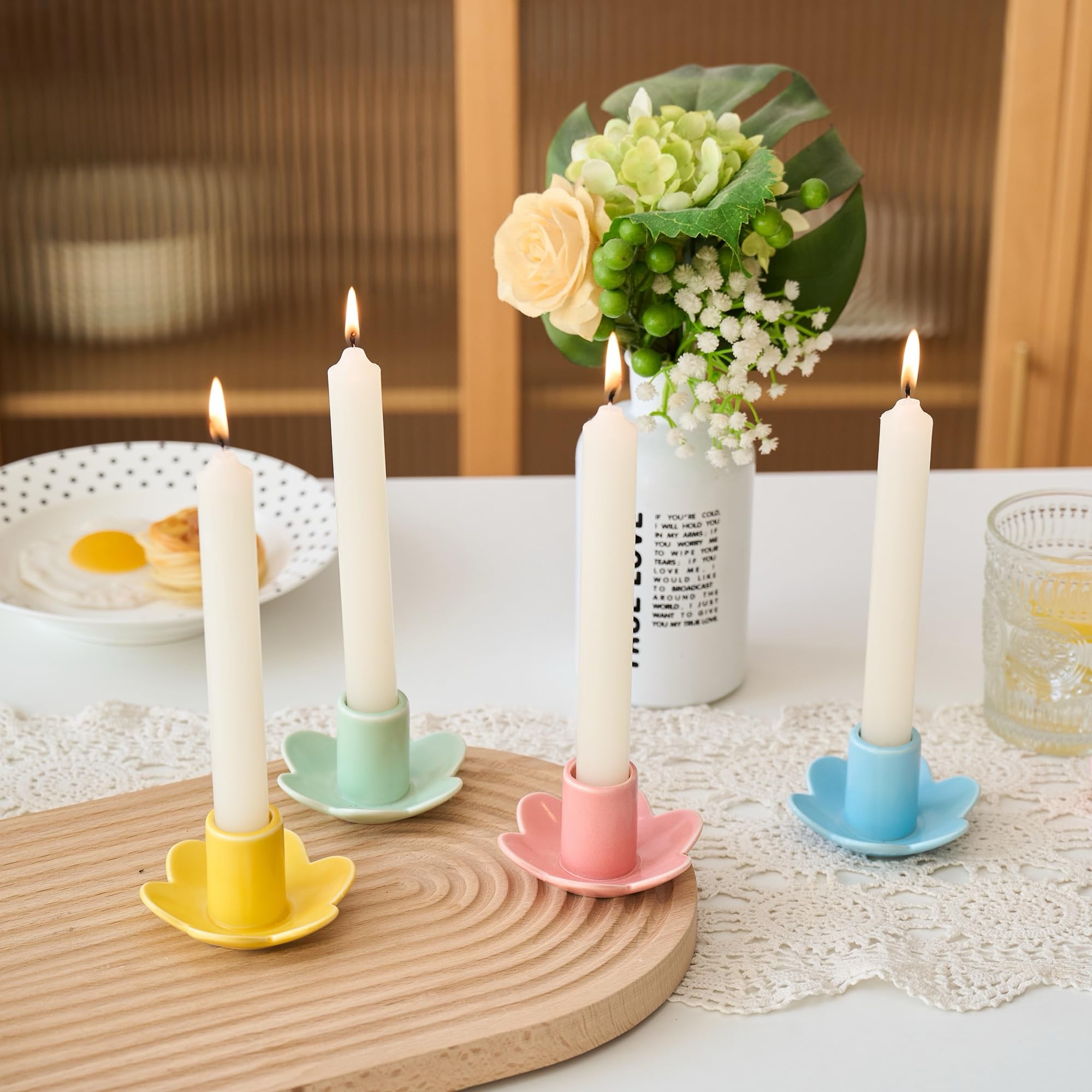 Colorful Ceramic Candlestick Holders Set of 4, Cute Taper Candle Holders Chic Flower Shaped Table Centerpiece