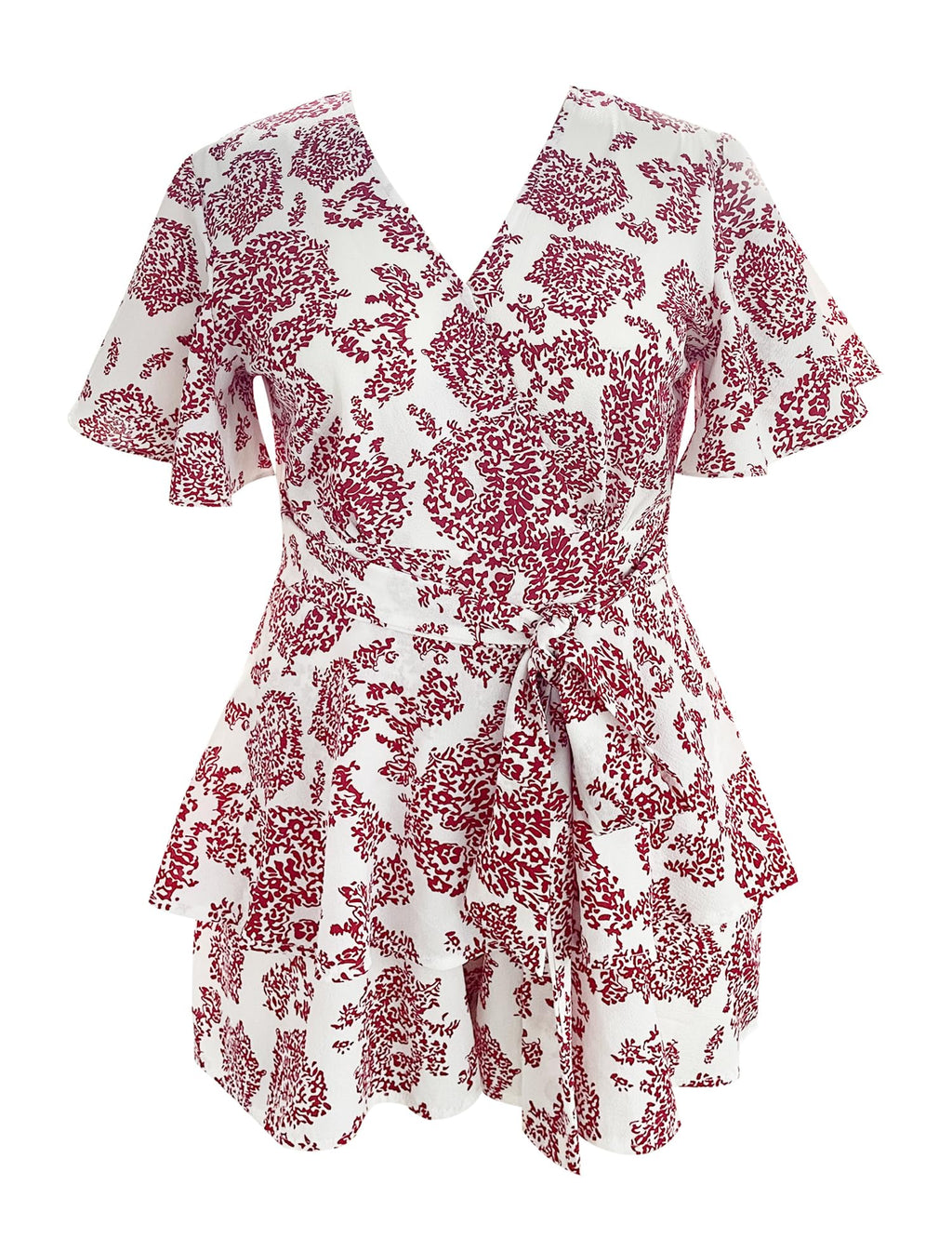 Women's Floral Rompers Jumpsuits V Neck Short Baggy Sleeve Waist Tie Double Layer Ruffle Hem Romper