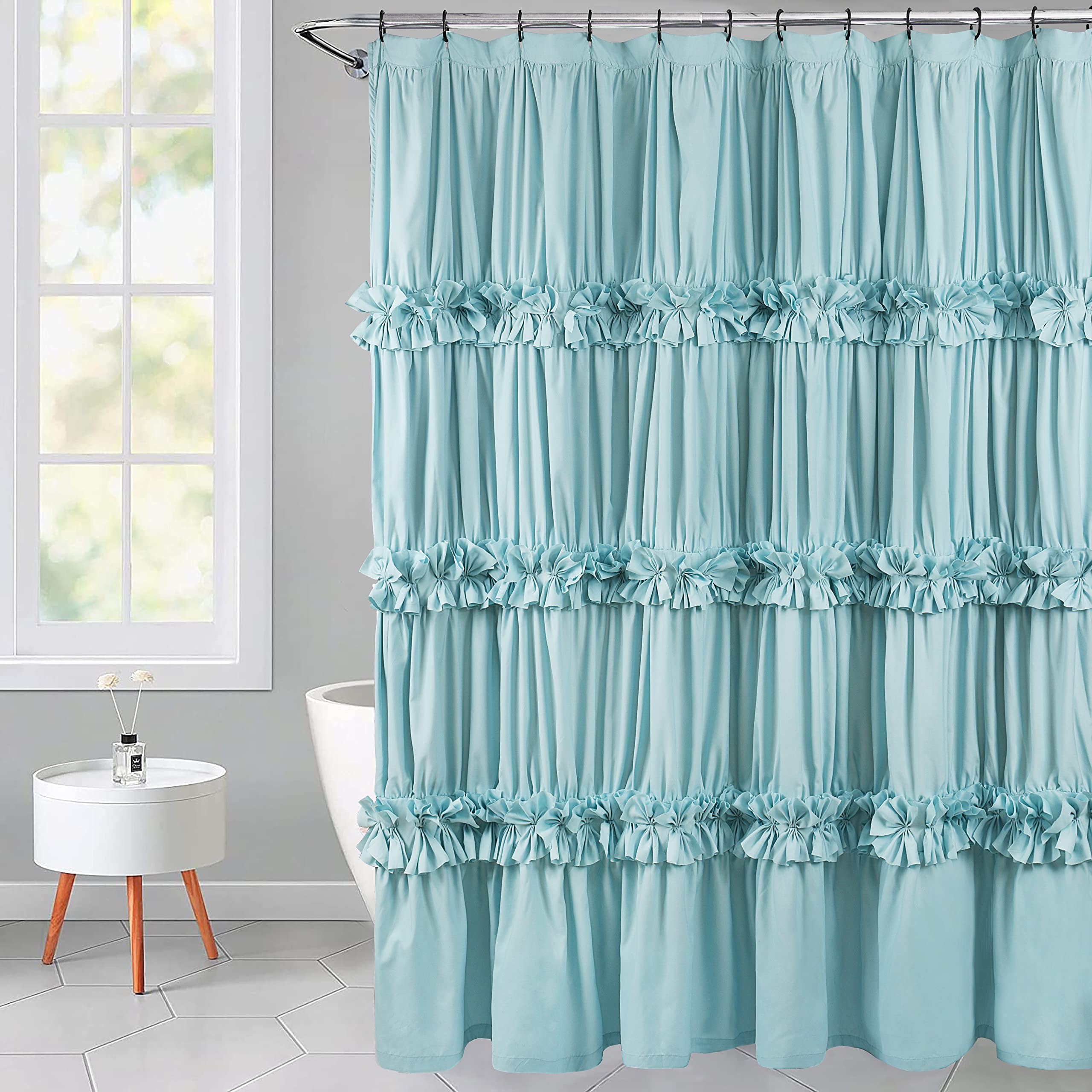 Victorian Bow Tie Ruffle Shower Curtain, with 12 Buttonholes, 72" W x 72" H, White (LQ-10)