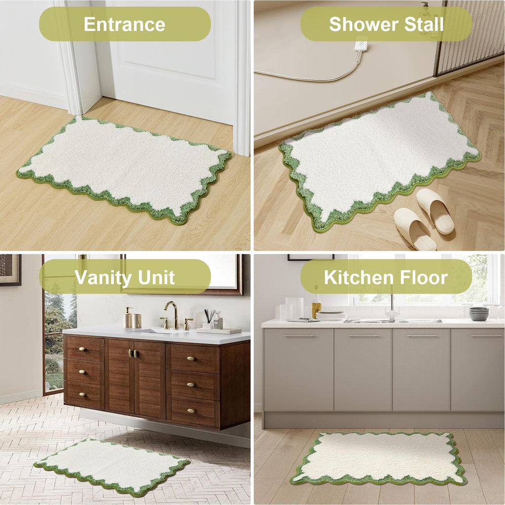 Cute Scalloped Bath Mat, Fun Plush Microfiber Scallop Bathroom Rugs Non Slip Washable Quick Dry Absorbent