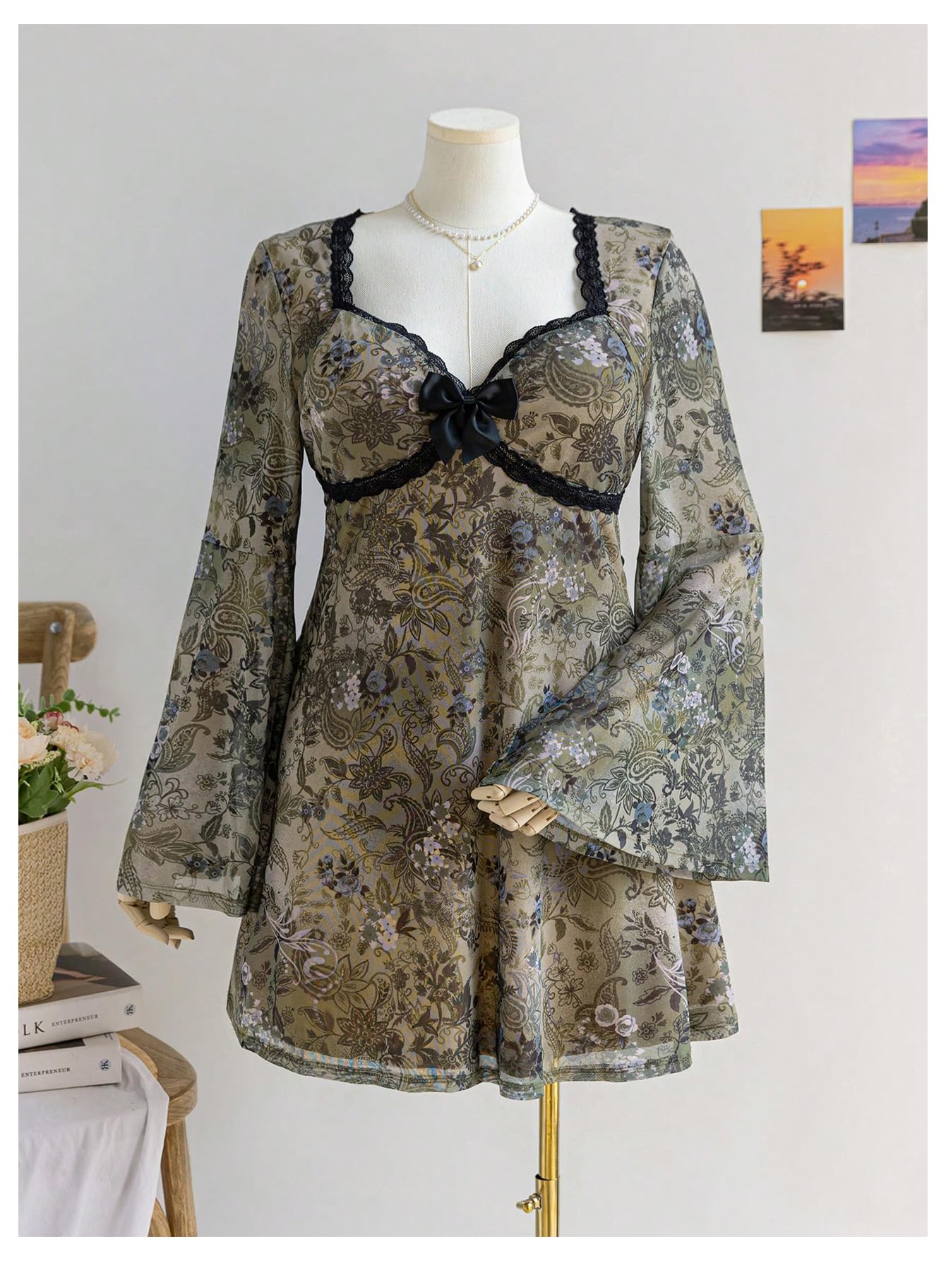 Women's Plus Size Lace Leopard Print Bell Sleeve Bow Front Dress Mini