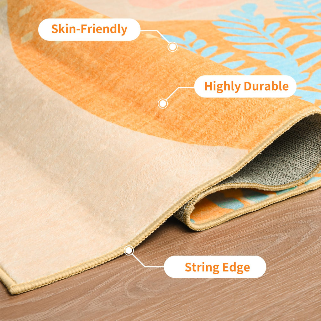 Faux Wool Boho Floral Area Rug Abstract Print Soft Carpet, TPR Non-Slip Backing, Machine Washable Low Pile Rug