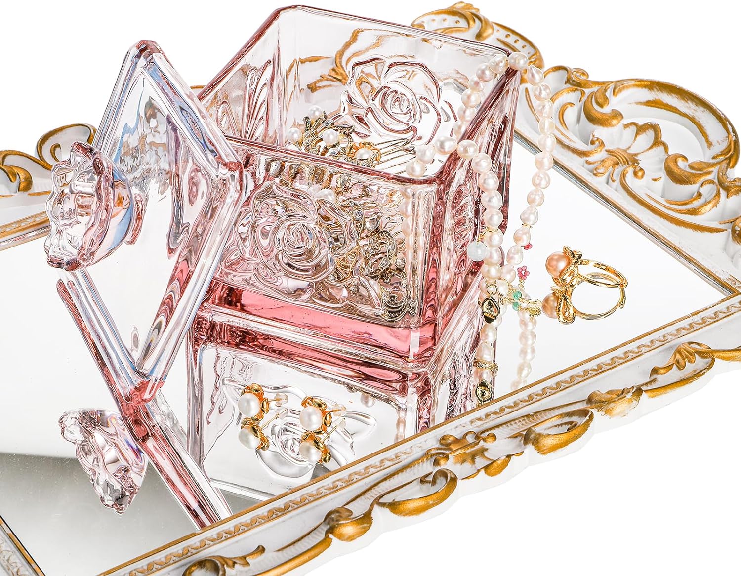 Glass Dish Embossed Butterfly Flower Clear Jar with Lid, 15 OZ Decorative Vintage Jewelry Storage Trinket Box