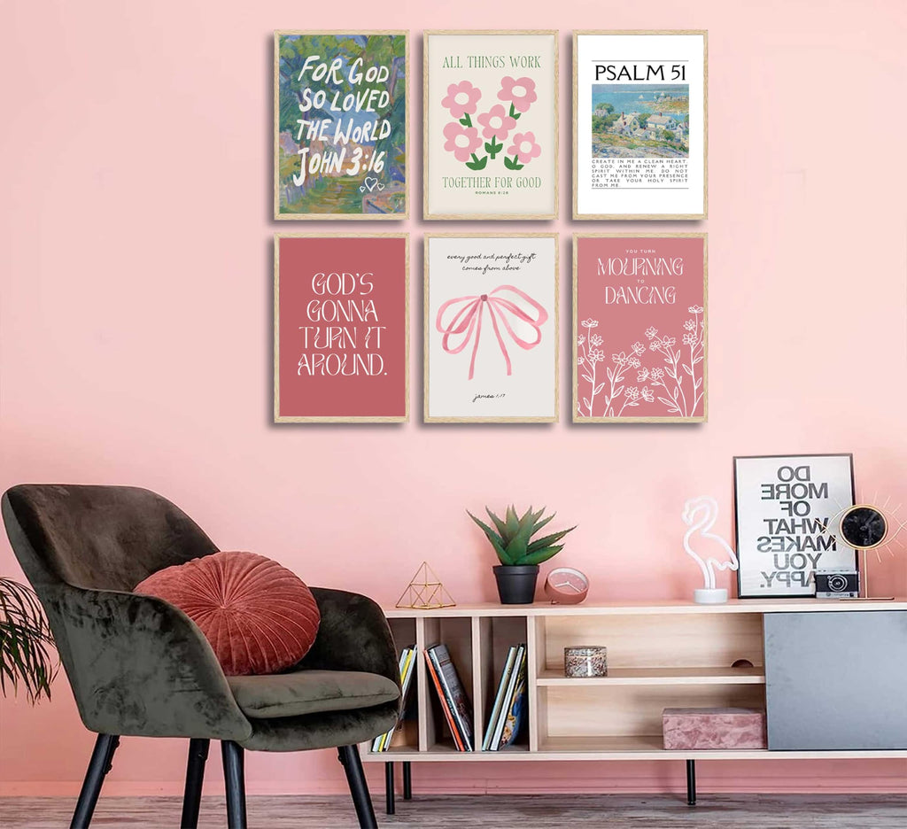 Wall Art Pink Bow Verse Canvas Paintings Decor 6Pcs