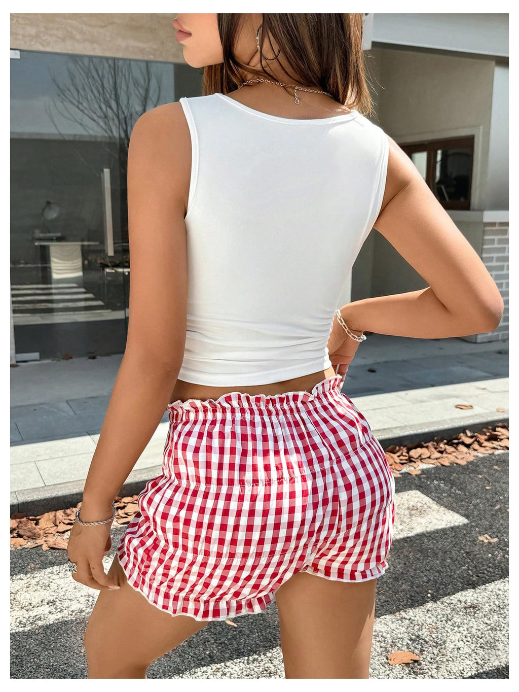 Women's Y2k 2 Piece Outfits Graphic Bow Crop Tank Top Gingham Ruffle Shorts Set Loungewear