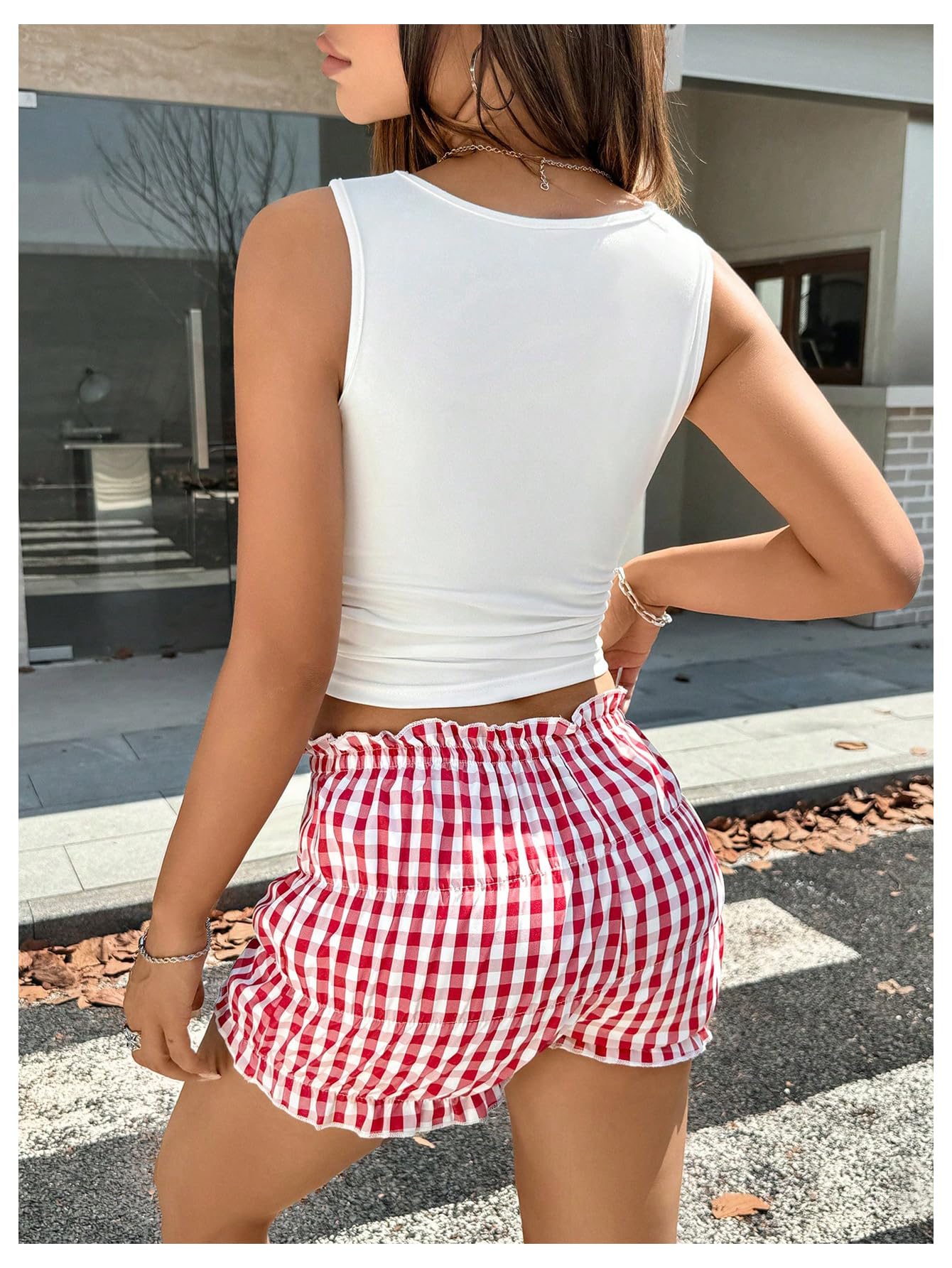 Women's Y2k 2 Piece Outfits Graphic Bow Crop Tank Top Gingham Ruffle Shorts Set Loungewear