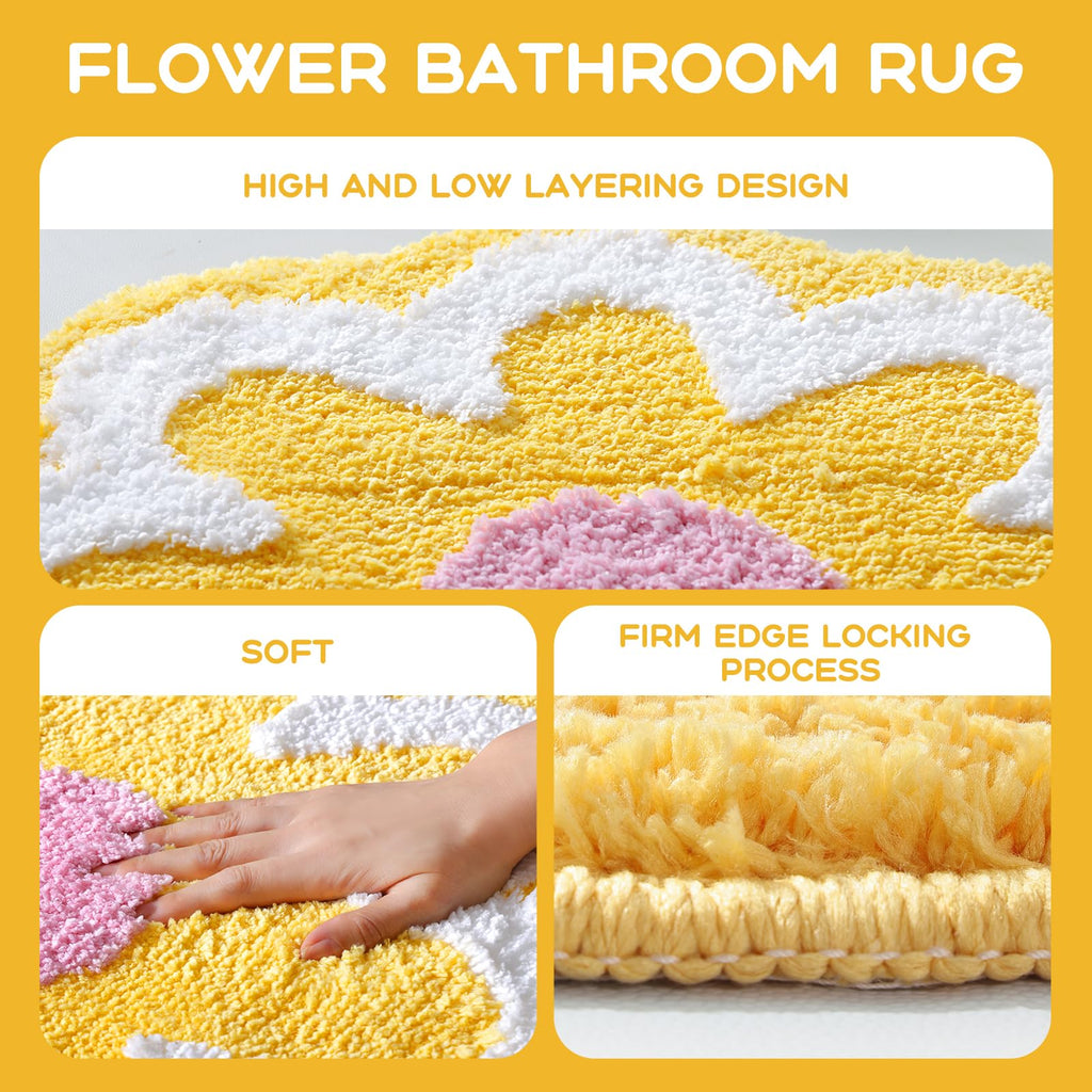 Cute Flower Bath Mat, Machine Washable Bath Rug, Ultra Soft and Fluffy Bathroom Mat, Small Round Non-Slip Water Absorbent Bath Mats for Bathroom Floor, Shower Room and Bathtub