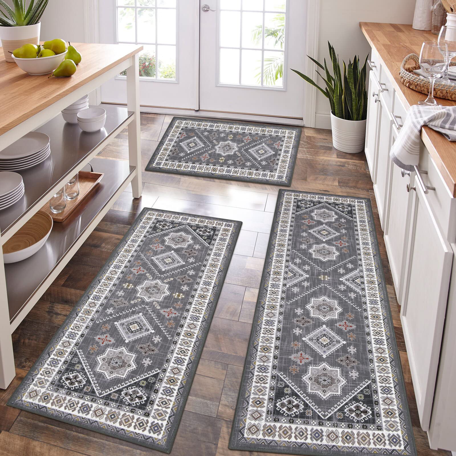 Thick Boho Kitchen Rug Sets 3 Piece with Runner Non Slip Kitchen Rugs and Mats Washable Kitchen Mats