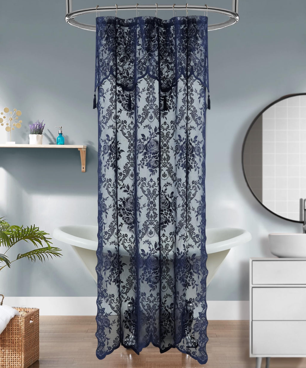 Luxury Lace Small Shower Curtain - Lace Shower Curtain with Attached Valance & Tassels