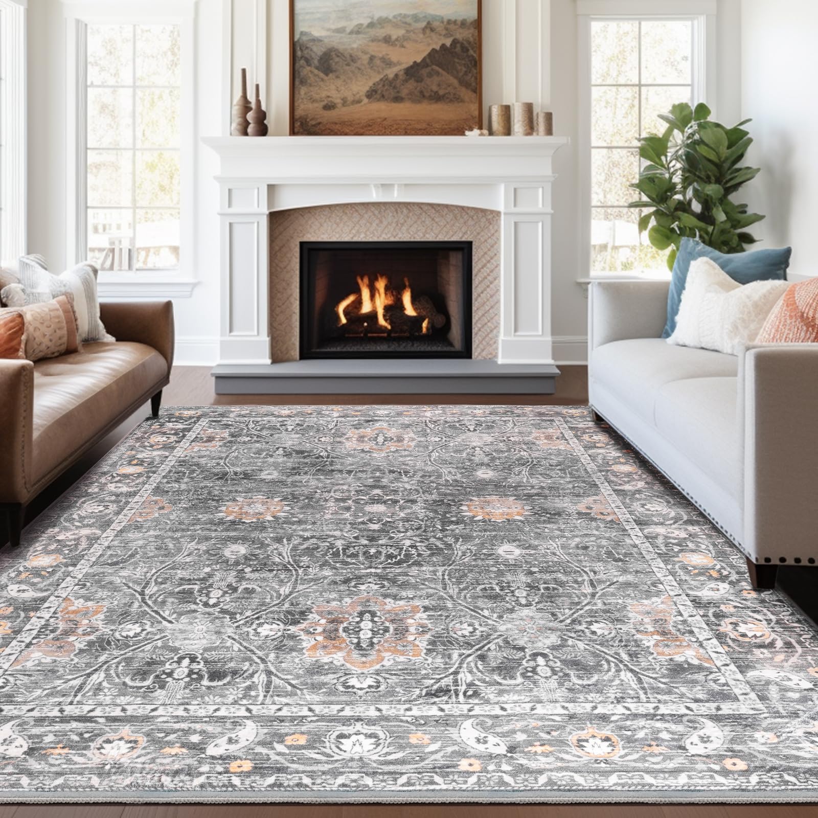 Washable Area Rugs Door Mat Entryway Vintage Floral Non-Slip Low Pile Entrance Thin Rug Carpet for Kitchen Bathroom Living Room Pink