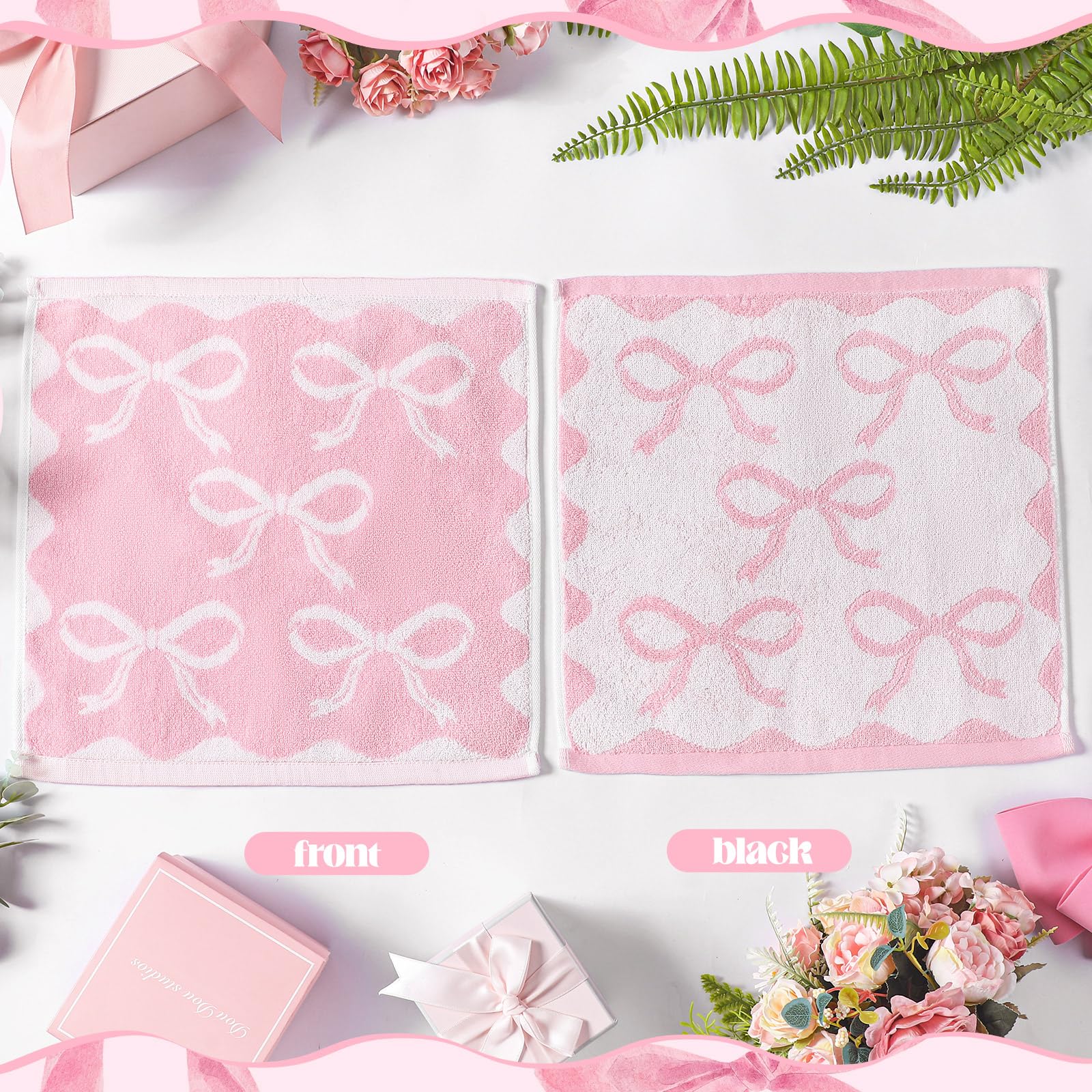Coquette 6 Pcs Pink Bow Washcloths 100% Cotton Wash Cloths 13" x 13" Small Face Towels Absorbent Soft Preppy Wash Cloths & Hand Bath Towels for Bathroom