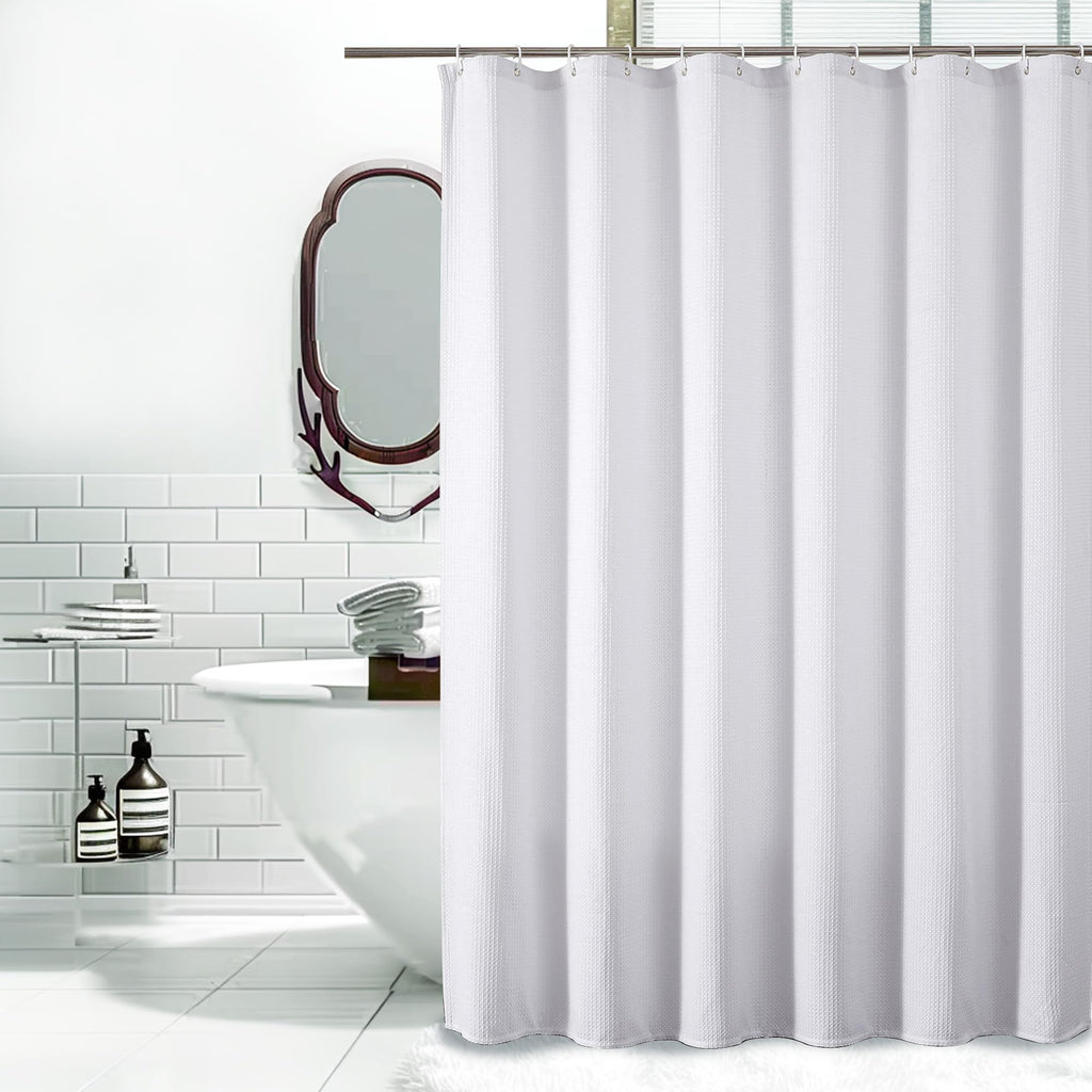 Waffle Textured Heavy Duty Fabric Shower Curtain for Bathroom, Luxury Hotel Weighted 230GSM Bath Curtain with 12 Plastic Hooks, Machine Washable, 72x72