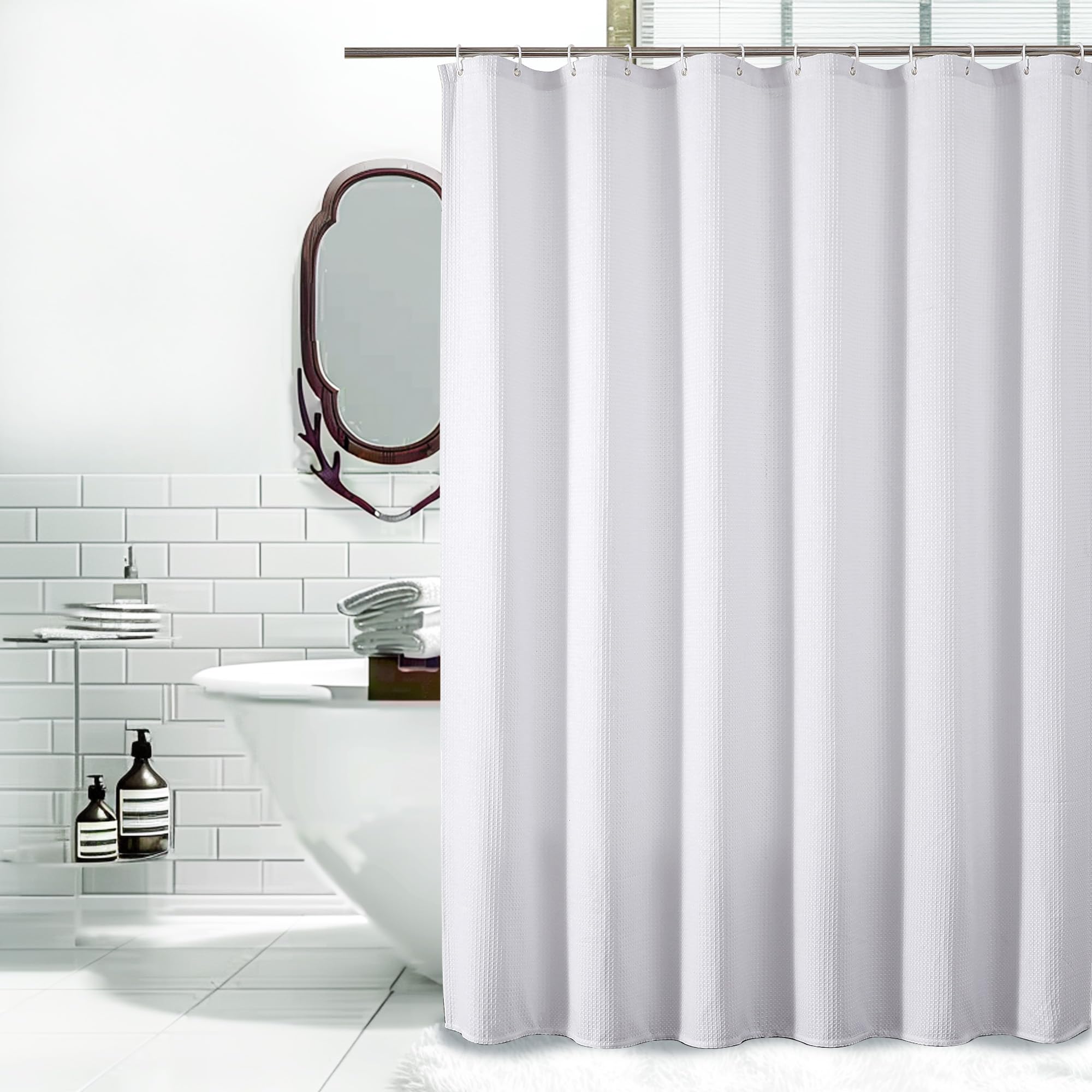 Waffle Textured Heavy Duty Fabric Shower Curtain for Bathroom, Luxury Hotel Weighted 230GSM Bath Curtain with 12 Plastic Hooks, Machine Washable, 72x72