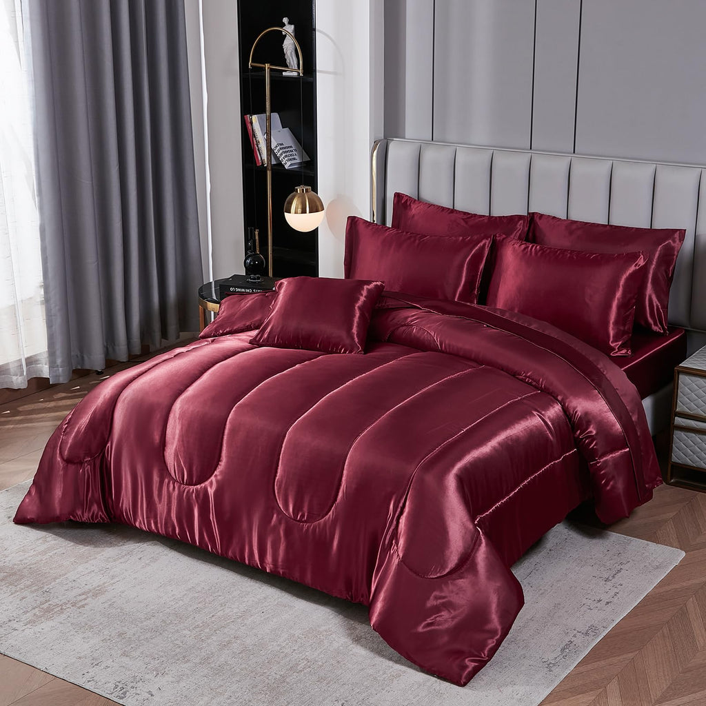 Satin Comforter Set with Sheet Set Full Silk Like Hot Pink Bed in a Bag Luxury Silky Bedding with 1 Comforter, 1 Flat Sheet, 1 Fitted Sheet, 4 Pillowcases, 1 Cushion Cover (Full, Hot Pink)