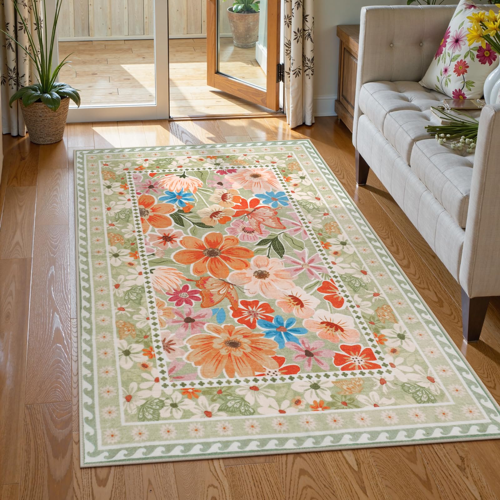 Floral Hallway Runner Rug, Runner Rugs Non Skid Washable, Low Pile Soft Boho Rugs