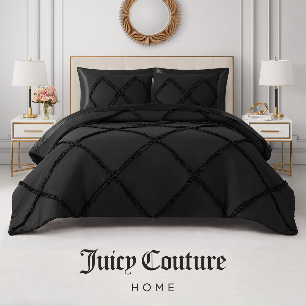 Juicy Couture Diamond Queen Comforter Set - Ruffle 3-Piece Machine Washable Reversible Bedding Comforter Set