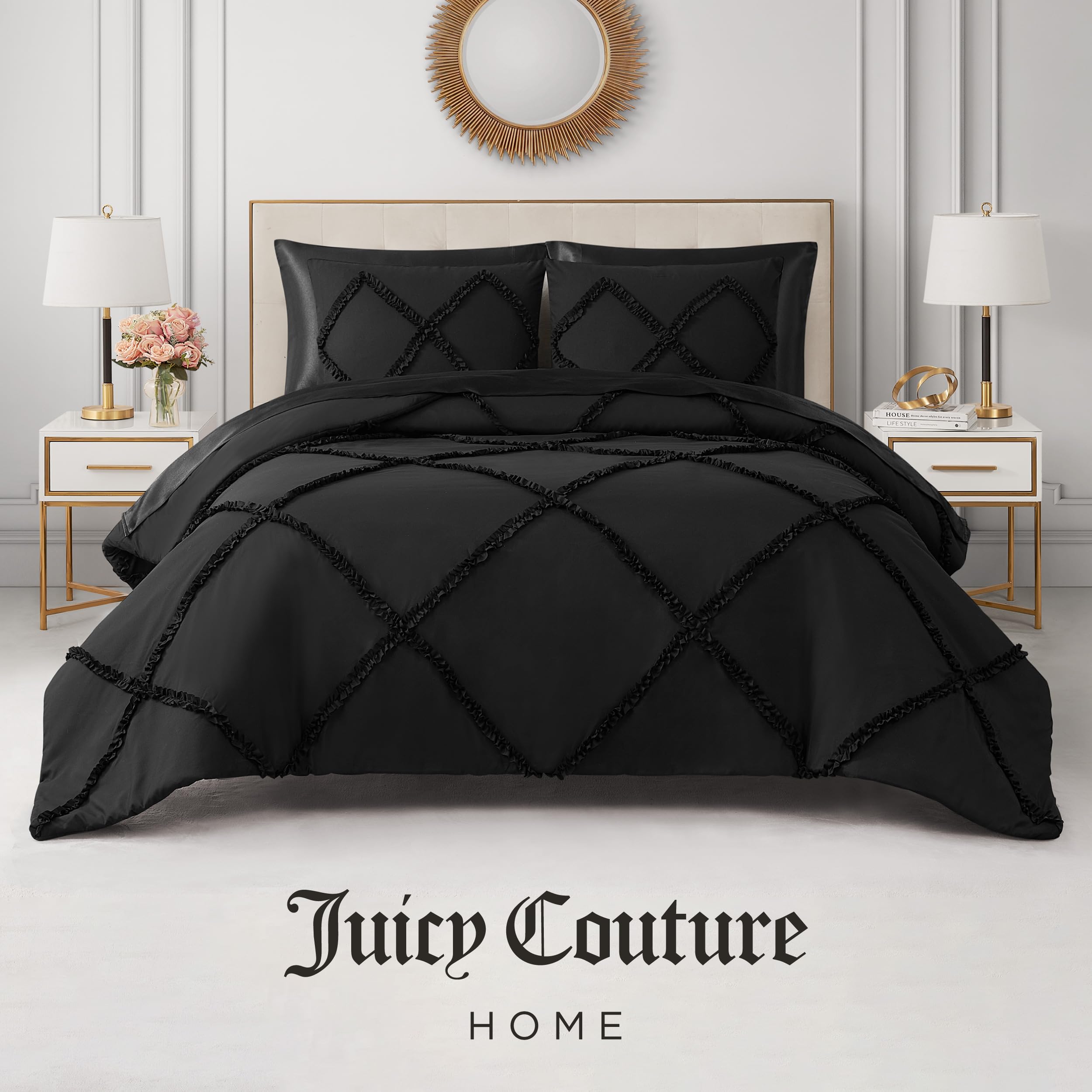 Juicy Couture Diamond Queen Comforter Set - Ruffle 3-Piece Machine Washable Reversible Bedding Comforter Set