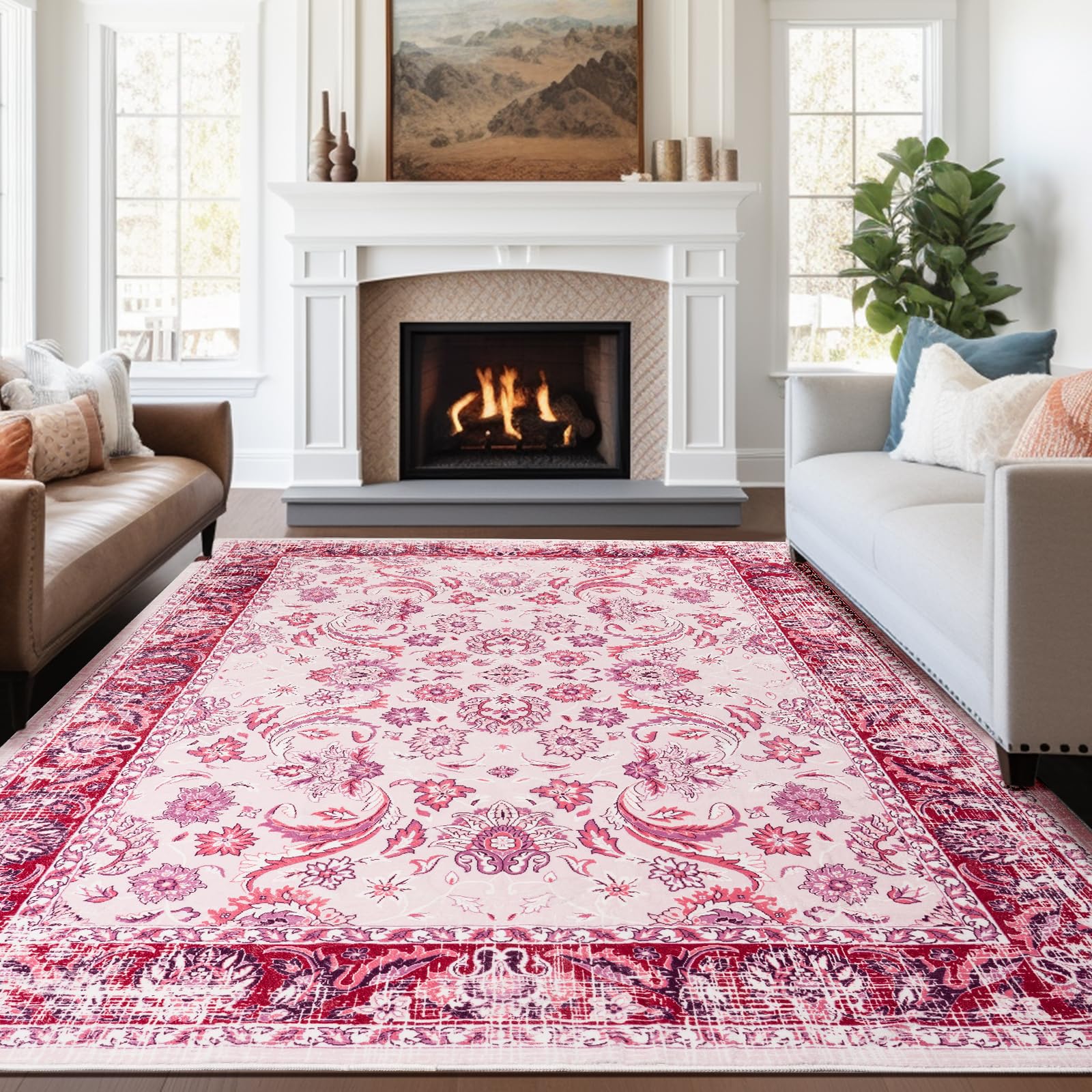 Washable Area Rugs Door Mat Entryway Vintage Floral Non-Slip Low Pile Entrance Thin Rug Carpet for Kitchen Bathroom Living Room Pink