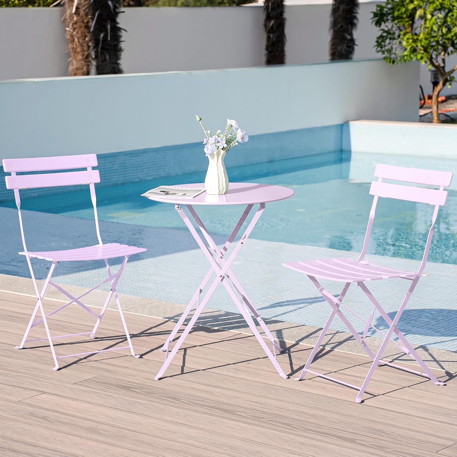 Set of 3 Piece Bistro Set, Folding Patio Furniture Set, Outdoor Table And Chairs Set For Patio, Garden, Balcony And Poolside, Pink