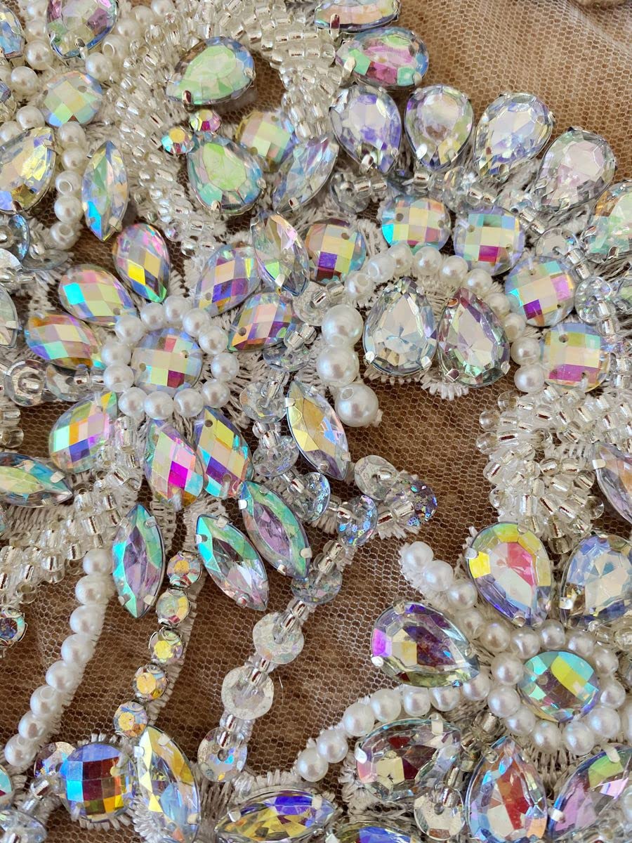 Handmade red/Blue/Gold/Green Rhinestones lace Bodice Applique Sewing Beads Crystal Trim Patches Accessory for Dress Clothes (Rose red)