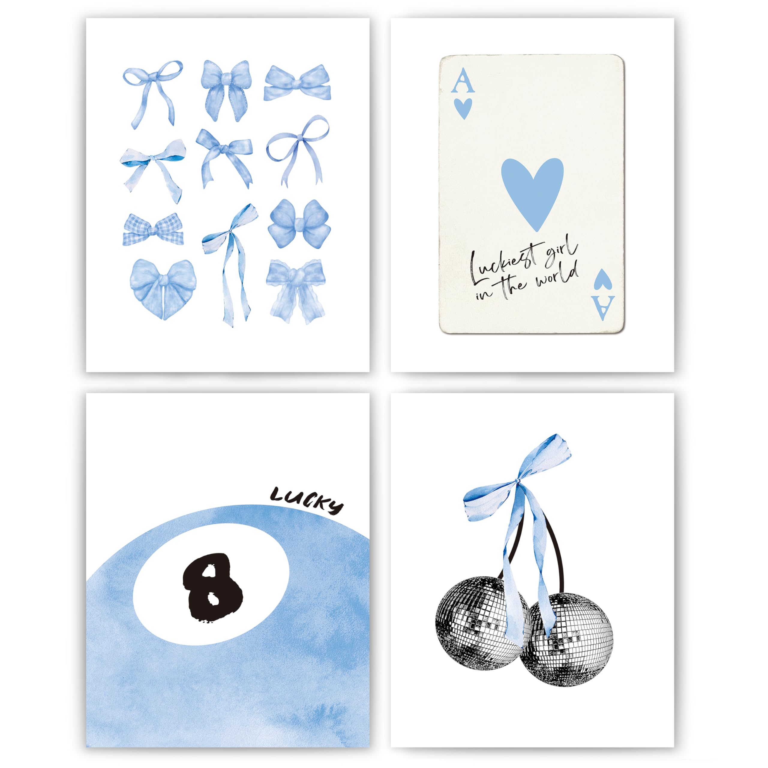 Set of 4 Coquette Preppy Wall Art Prints â€?8x10 Unframed Posters Featuring Bow, Disco, 8-Ball, and Cherry Designs Room Decor