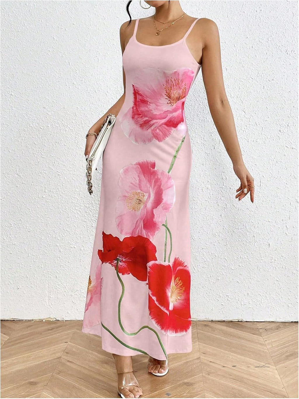 Women's Floral Print Backless Maxi Dress Scoop Neck Sleeveless Spaghetti Strap Dresses