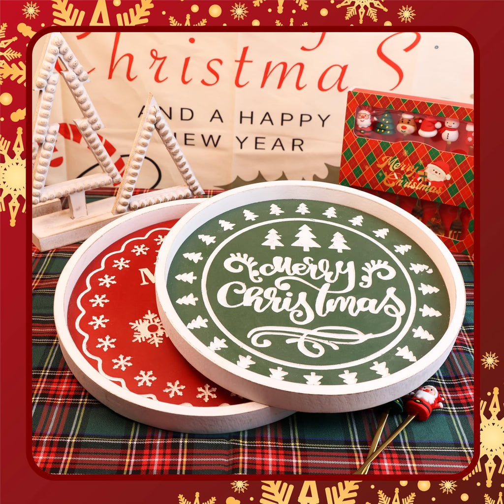 Round Wood Decorative Ottoman Tray for Coffee Table Kitchen Counter, Living Room, Handcrafted Wooden Serving Tray for Table Centerpiece