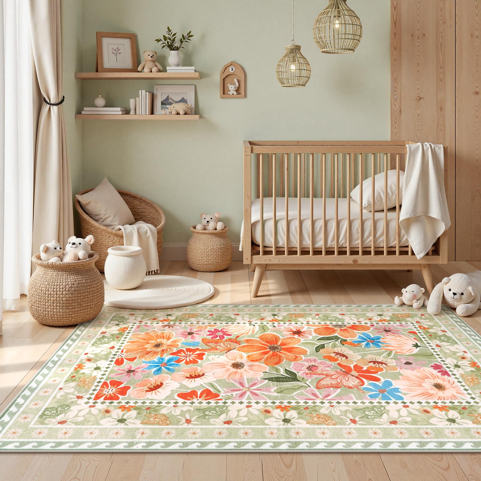 Floral Hallway Runner Rug, Runner Rugs Non Skid Washable, Low Pile Soft Boho Rugs