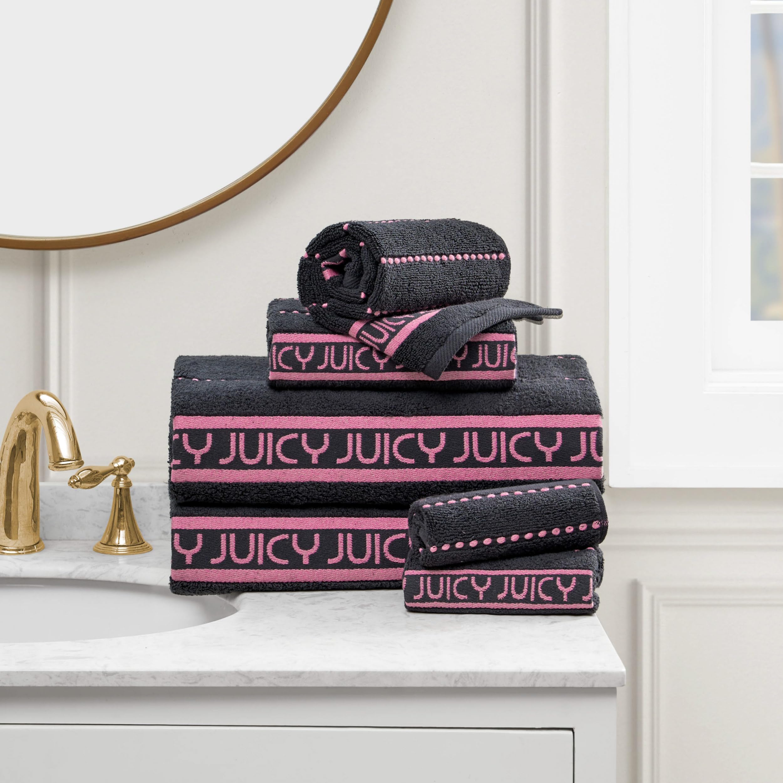 Juicy Couture Luxurious Plush Stripe 6-Piece Set - 100% Cotton Bath Towel Set - Soft and Stylish Towel Set for Ultimate Comfort and Elegance