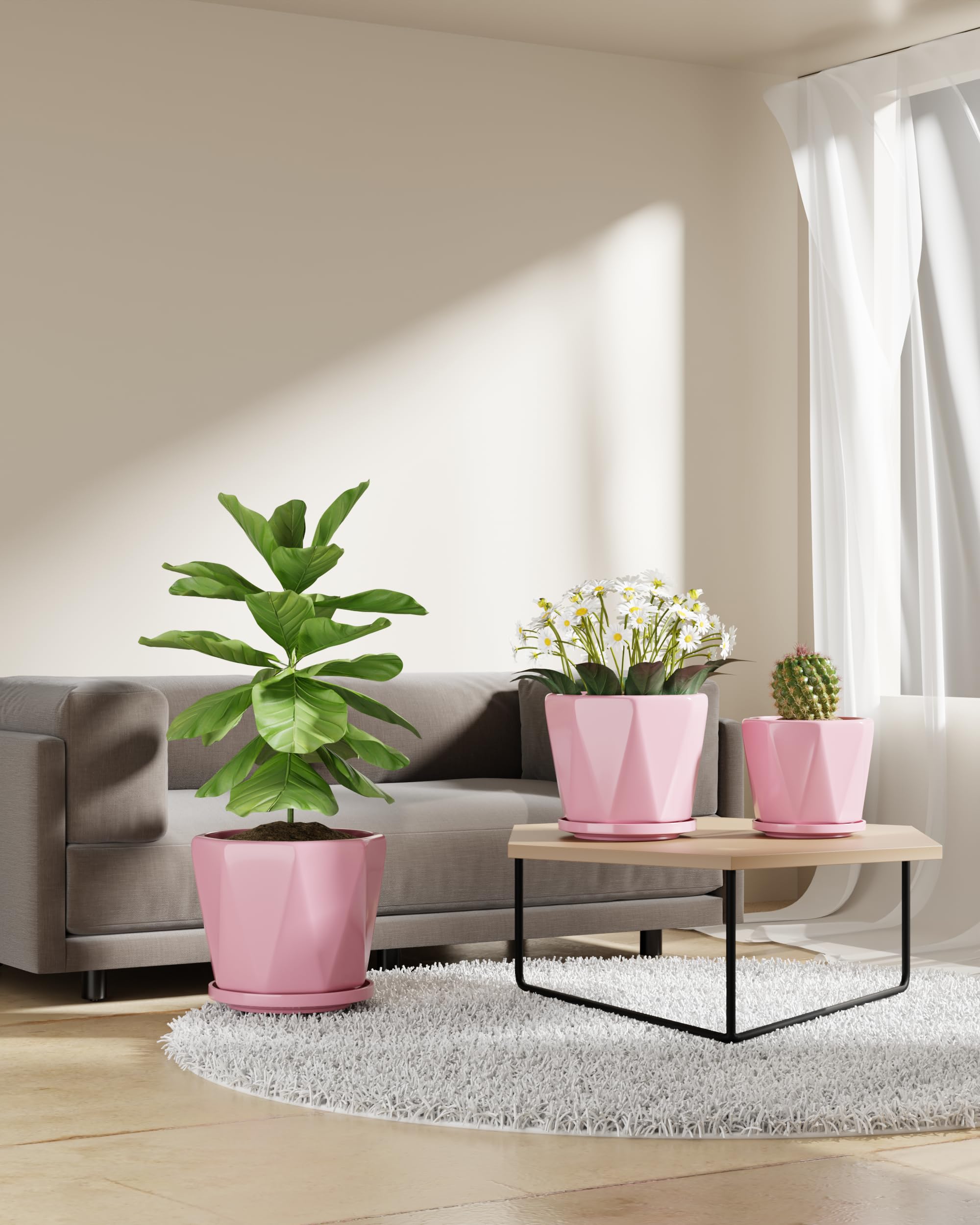 Ceramic Plant Pots Indoor, 8.6+7.1+5.5 Inch Planters with Drainage Holes and Saucers Set of 3 Large Flower Pots