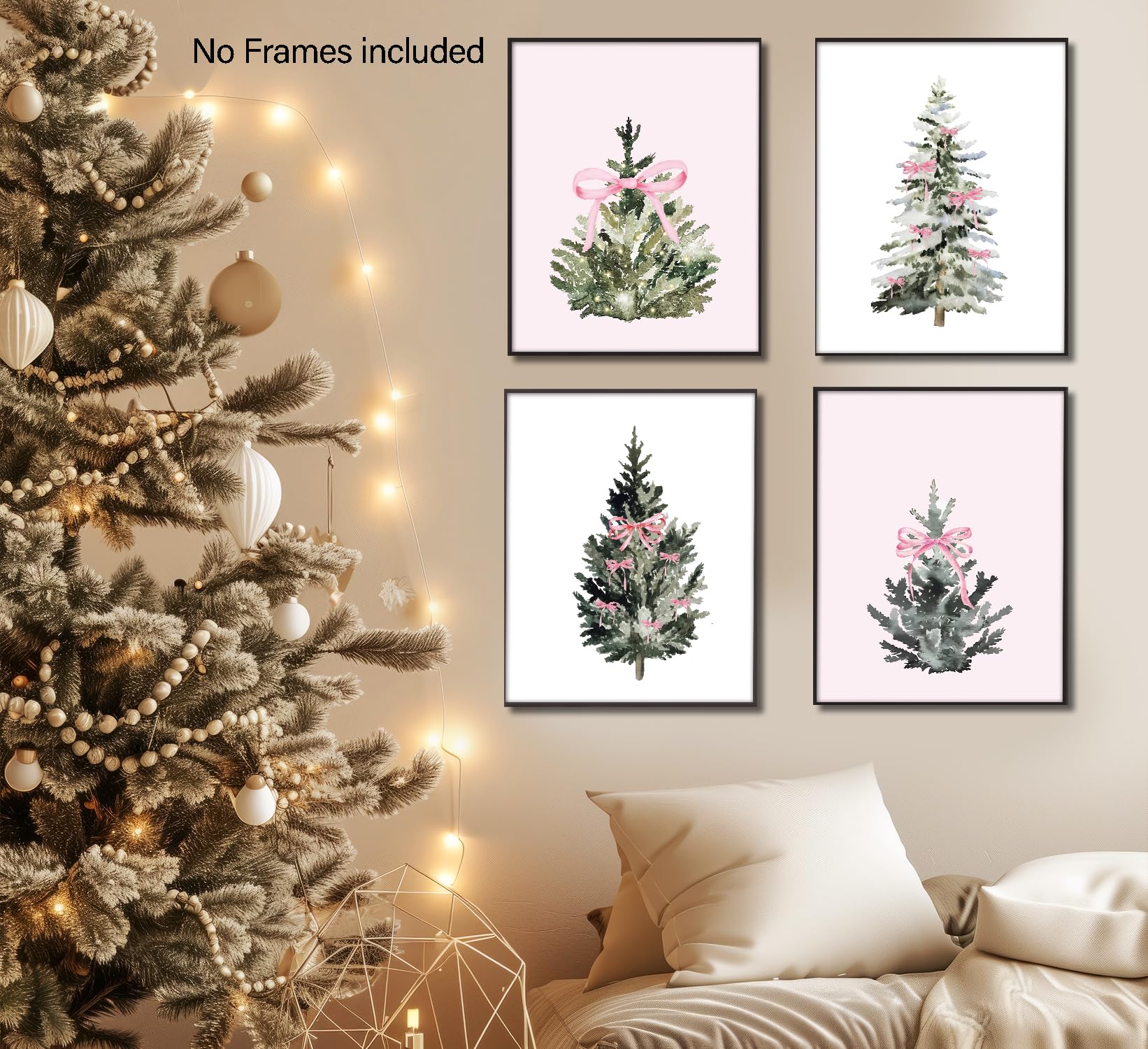 Pink Wall Art Bow Themed Party Decorations 8x10, Pink and White Room Decor, Set of 4