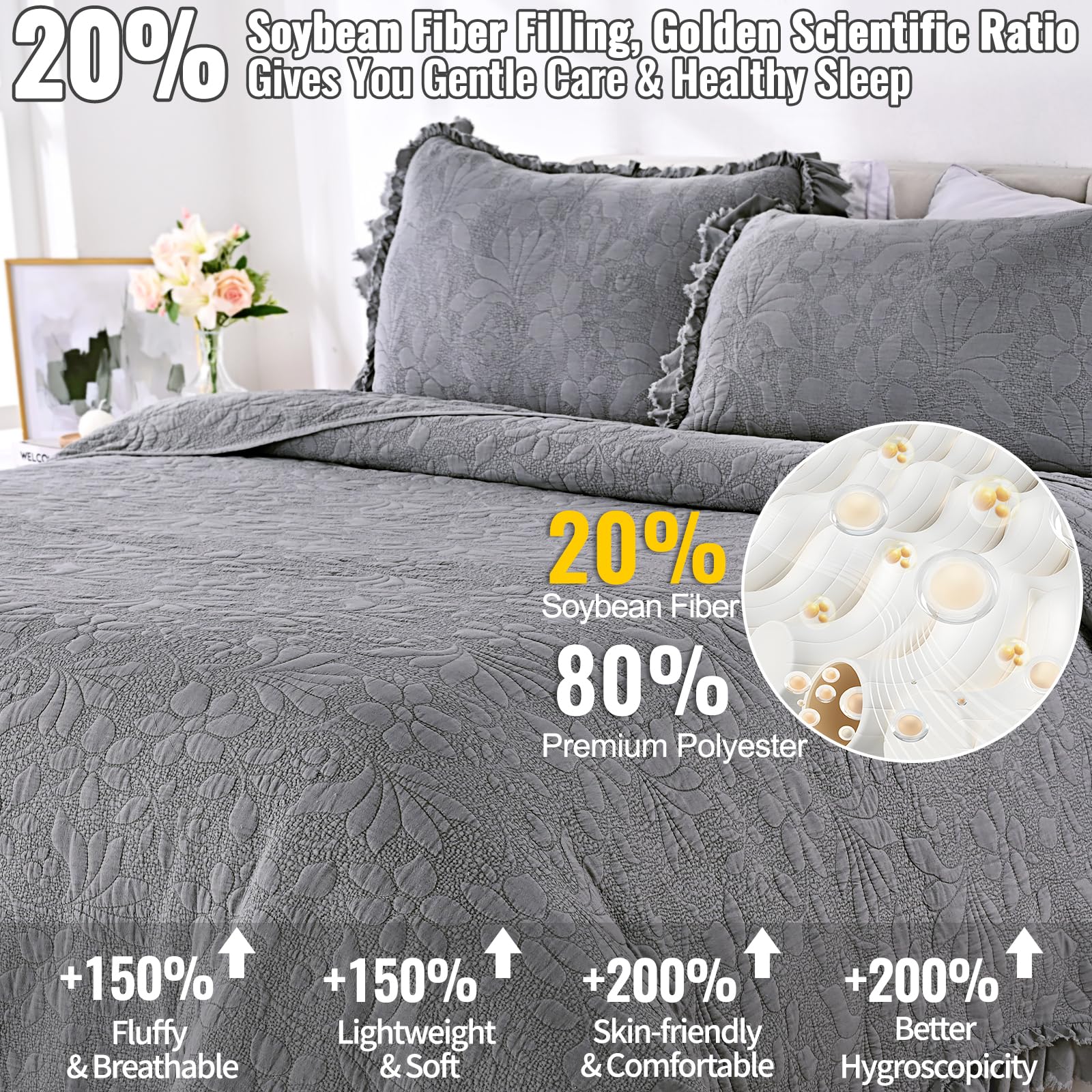 Ruffled Floral Quilts Soybean Fiber Filling Bedding Set 3 Piece, Stone-Washed Microfiber Shabby Chic Lightweight Soft Bedspread