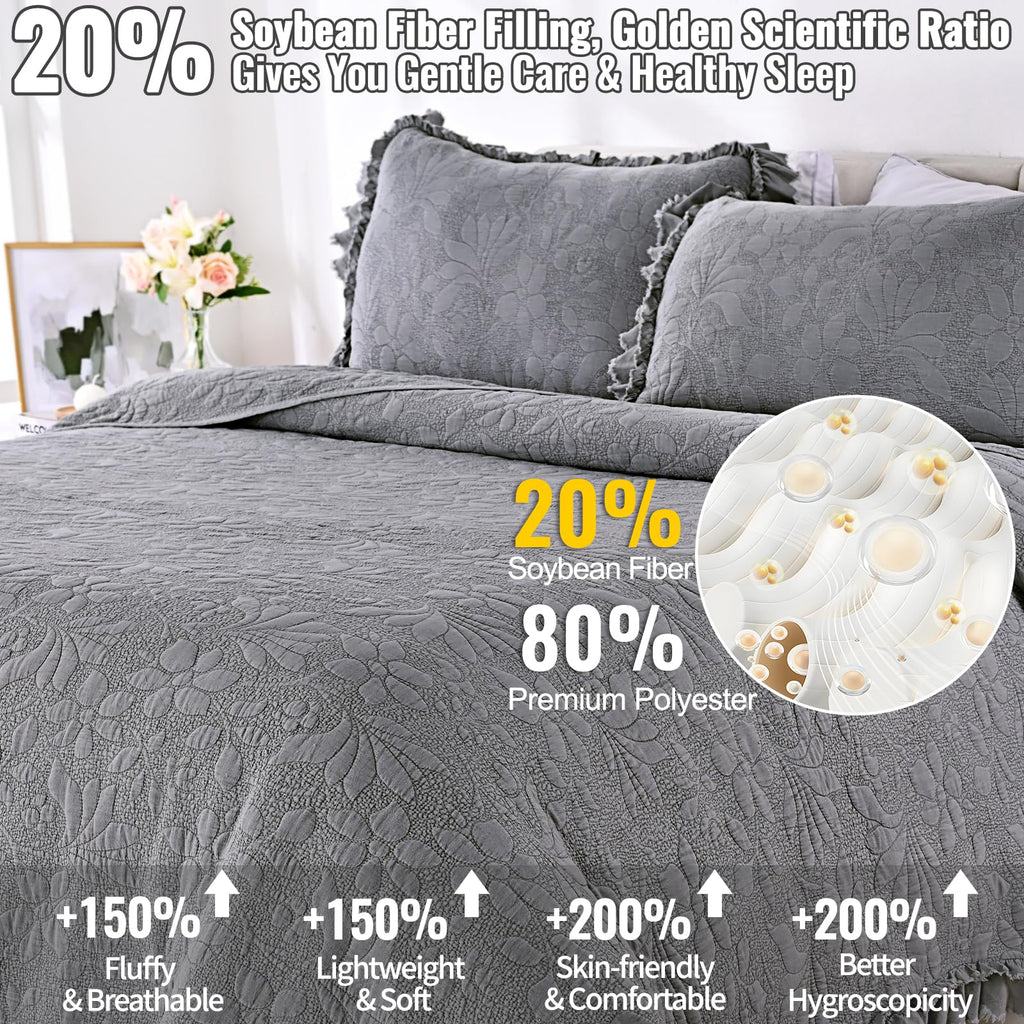 Ruffled Floral Quilts Soybean Fiber Filling Bedding Set 3 Piece, Stone-Washed Microfiber Shabby Chic Lightweight Soft Bedspread