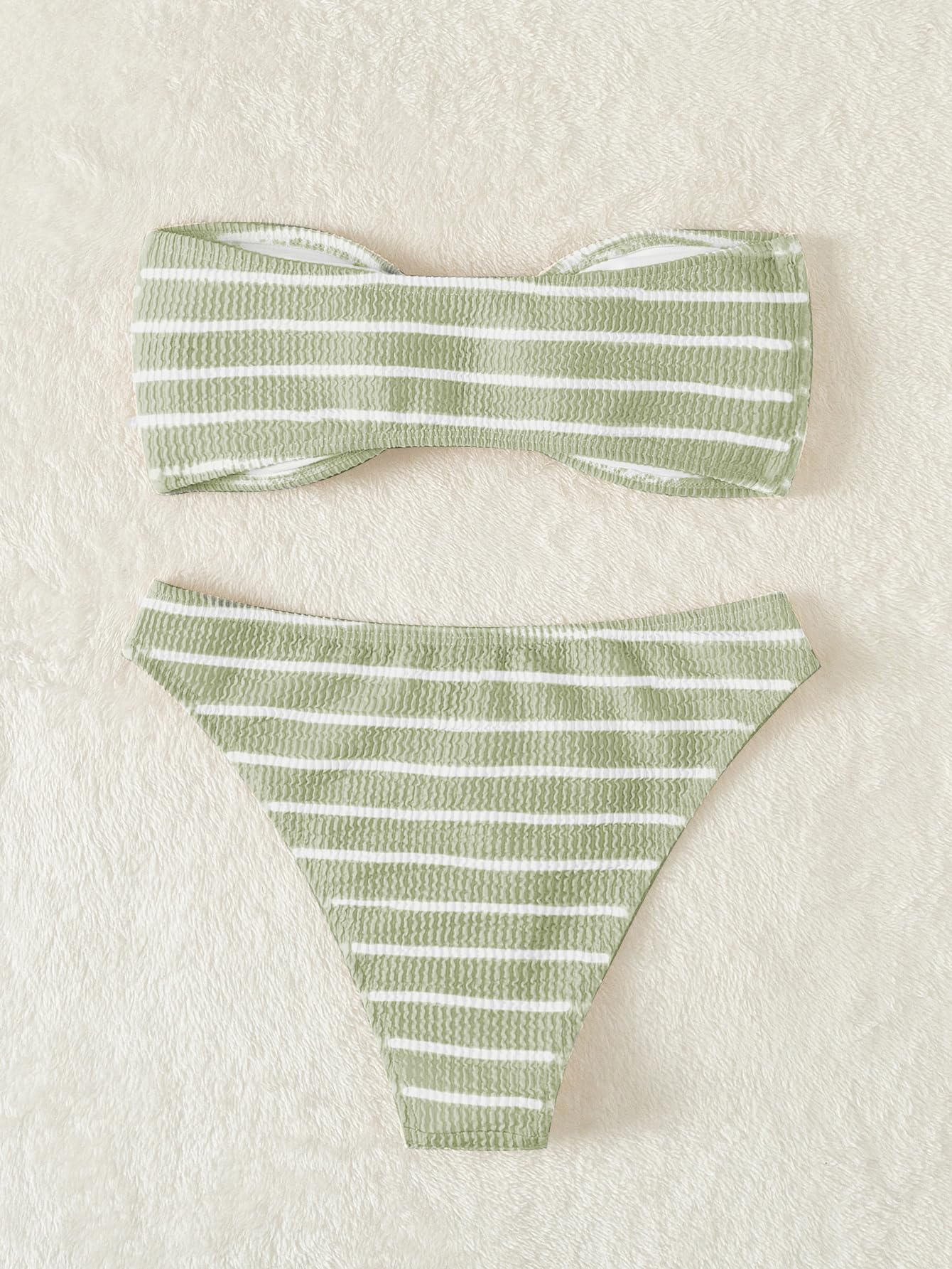 Women's 2 Piece Strapless Swimsuit Striped Bandeau High Waisted Thong Bikini Set Bathing Suit