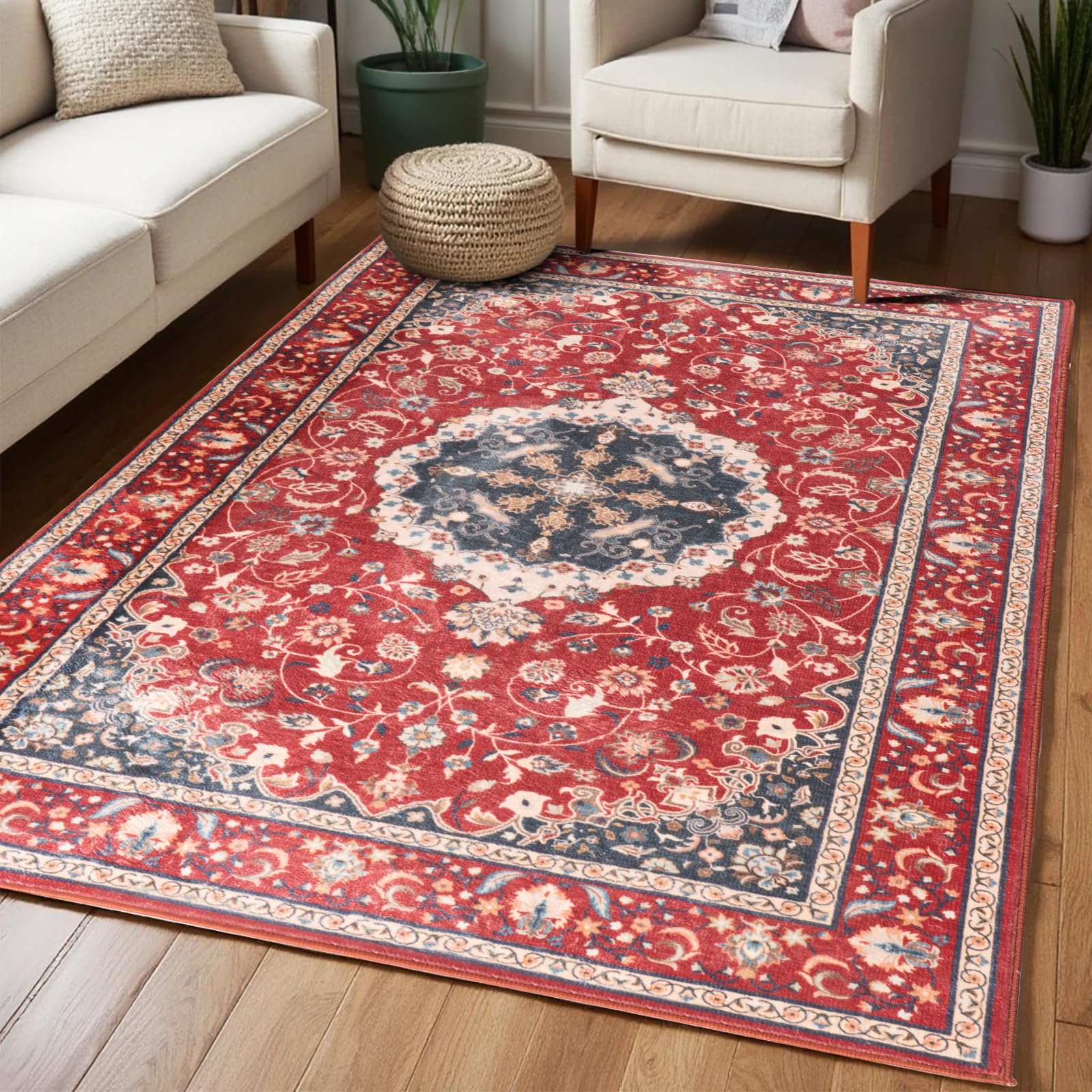 Washable Area Rugs Door Mat Entryway Vintage Floral Non-Slip Low Pile Entrance Thin Rug Carpet for Kitchen Bathroom Living Room Pink