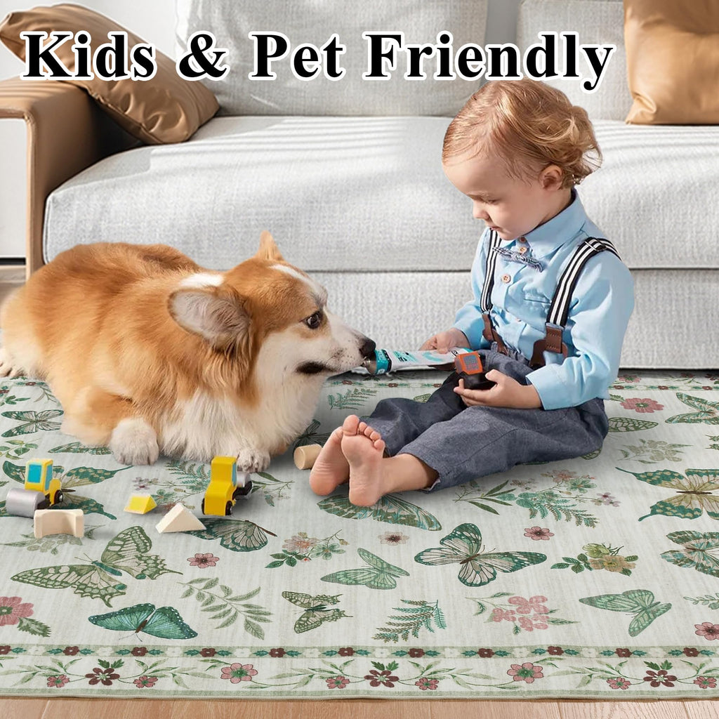 Insect Floral Area Rug, Machine Washable Area Rug Non-Slip Low Pile Large Bedroom Rug Stain Resistant Throw Rug Carpet