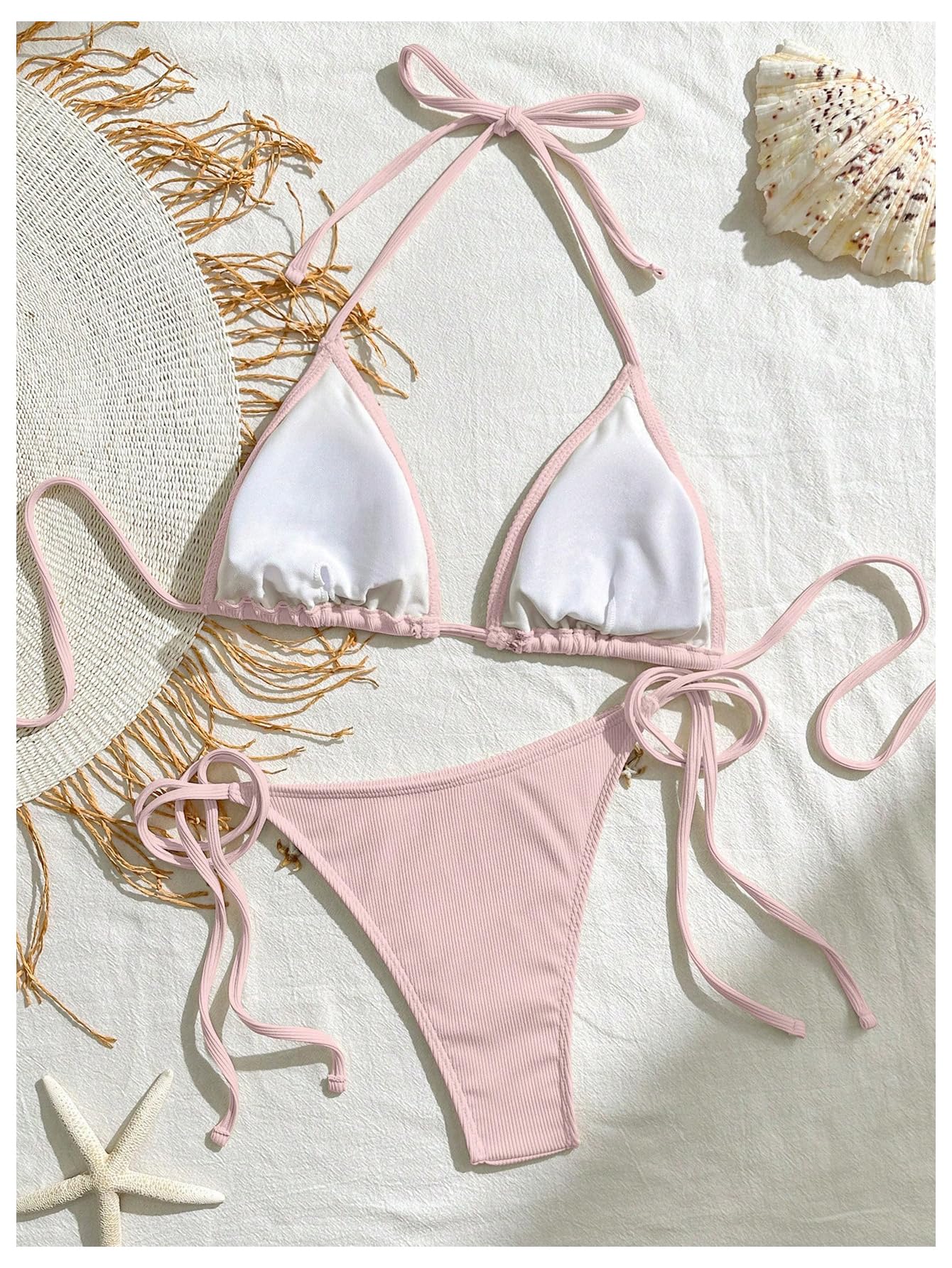 Women's 2 Piece Halter Triangle Bathing Suit Ribbed Bikini Swimsuits