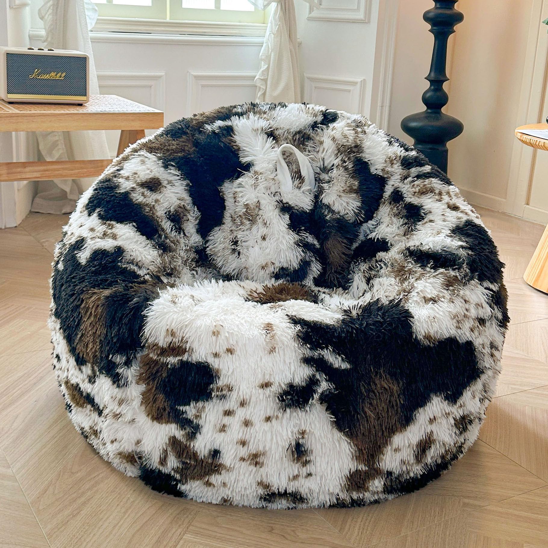Faux Fur Leopard Print Bean Bag Chair Cover (No Filler), Fluffy Stuffed Animal Storage Cheetah Bean Bag Home Decor, Furry Fuzzy Big Beanbag Cover, Anti-Slip