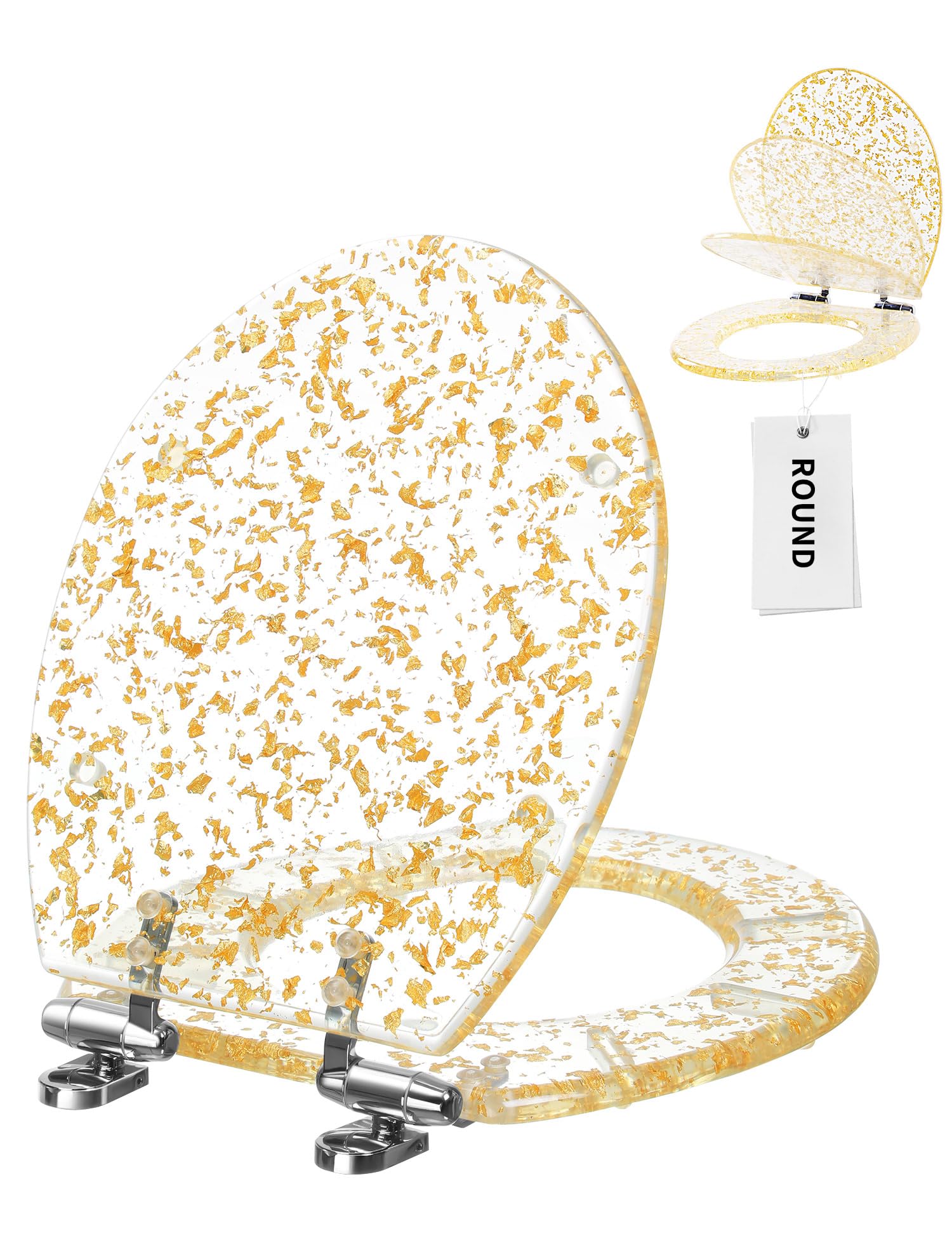 Round Resin Toilet Seat Glitter Soft Close Quick Release Metal Zinc Alloy Hinge Easy to Install also Easy to Clean, Decorative Acrylic Seats (17 Inch)