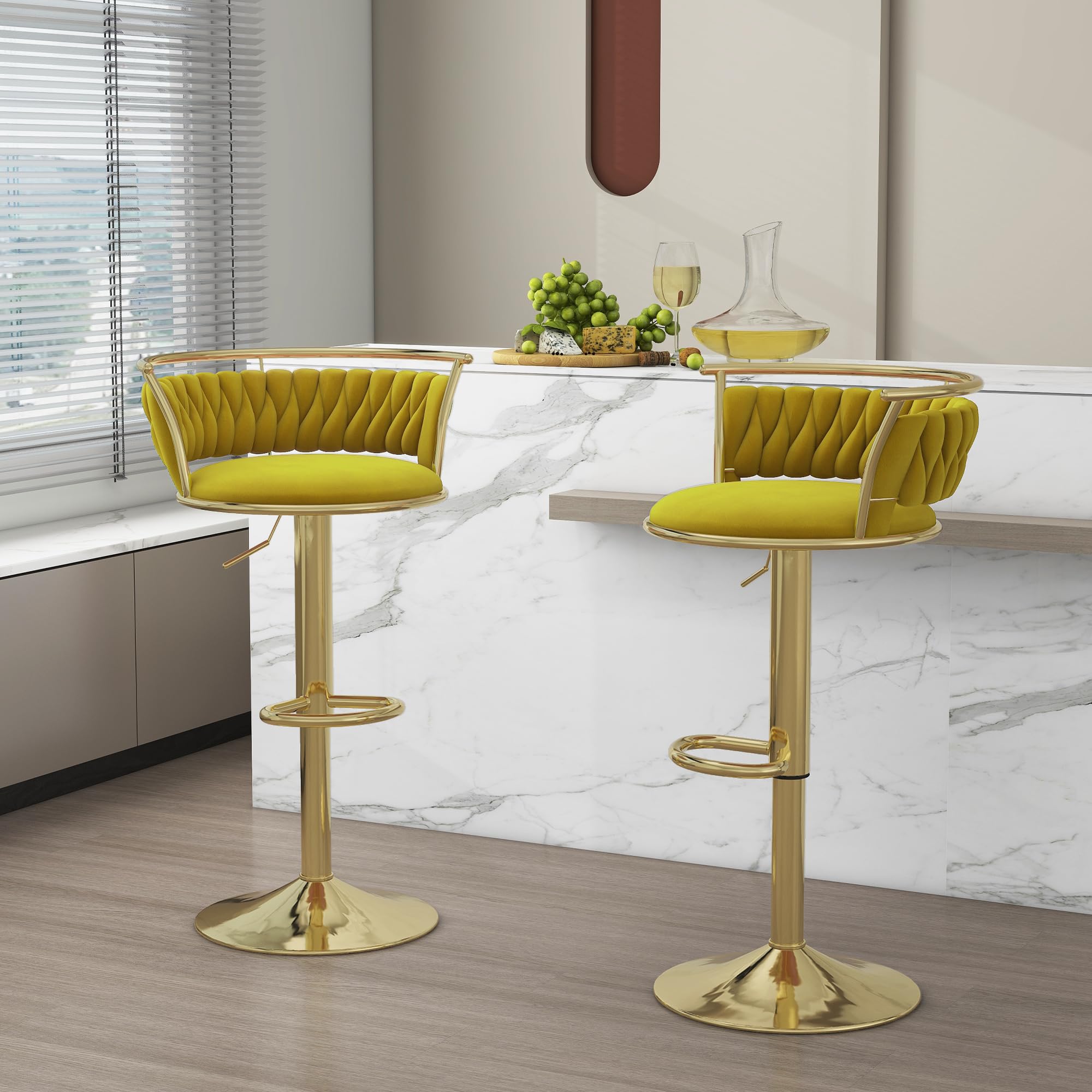 Velvet Swivel Bar Stools, Adjustable Counter Height Bar Chairs with Low Back & Footrest, Modern Gold Bar Stools for Kitchen Island, Bar Pub