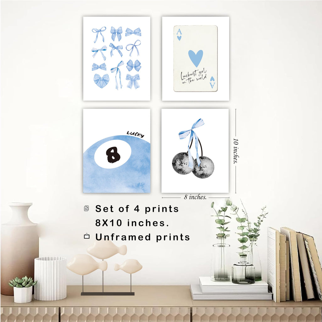 Set of 4 Coquette Preppy Wall Art Prints â€?8x10 Unframed Posters Featuring Bow, Disco, 8-Ball, and Cherry Designs Room Decor