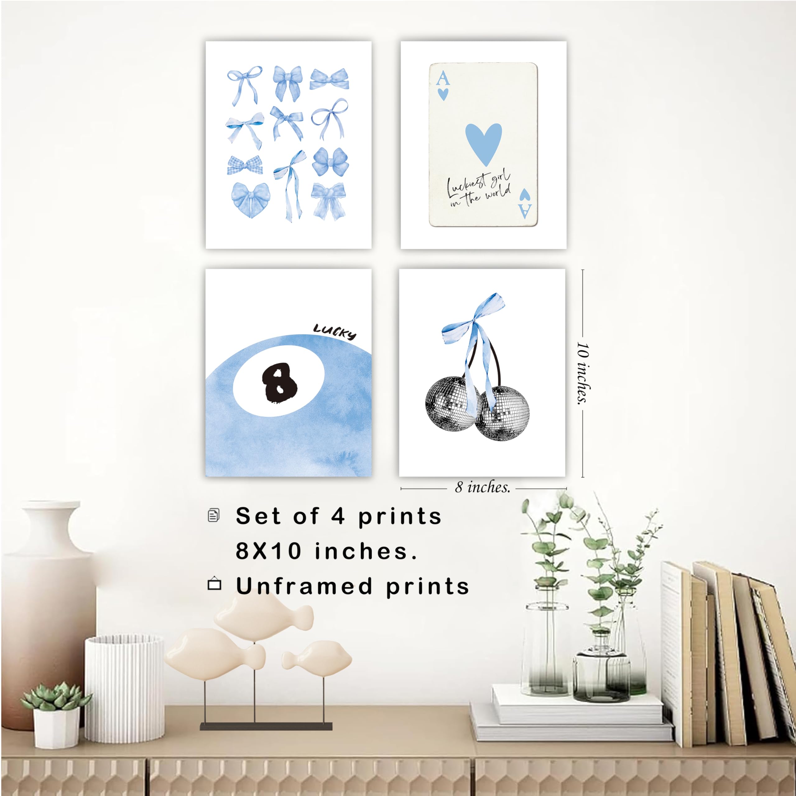 Set of 4 Coquette Preppy Wall Art Prints â€?8x10 Unframed Posters Featuring Bow, Disco, 8-Ball, and Cherry Designs Room Decor