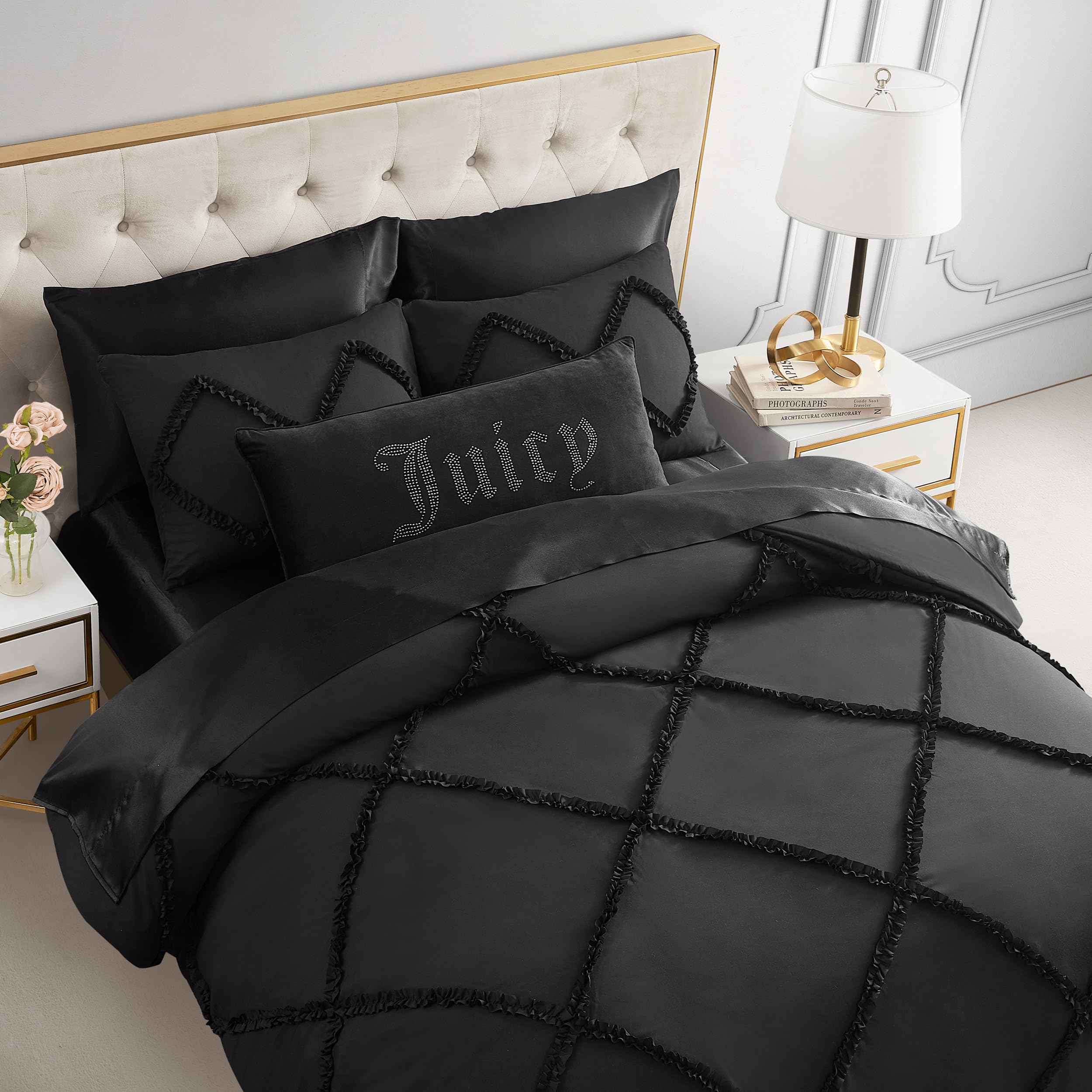 Juicy Couture Diamond Queen Comforter Set - Ruffle 3-Piece Machine Washable Reversible Bedding Comforter Set