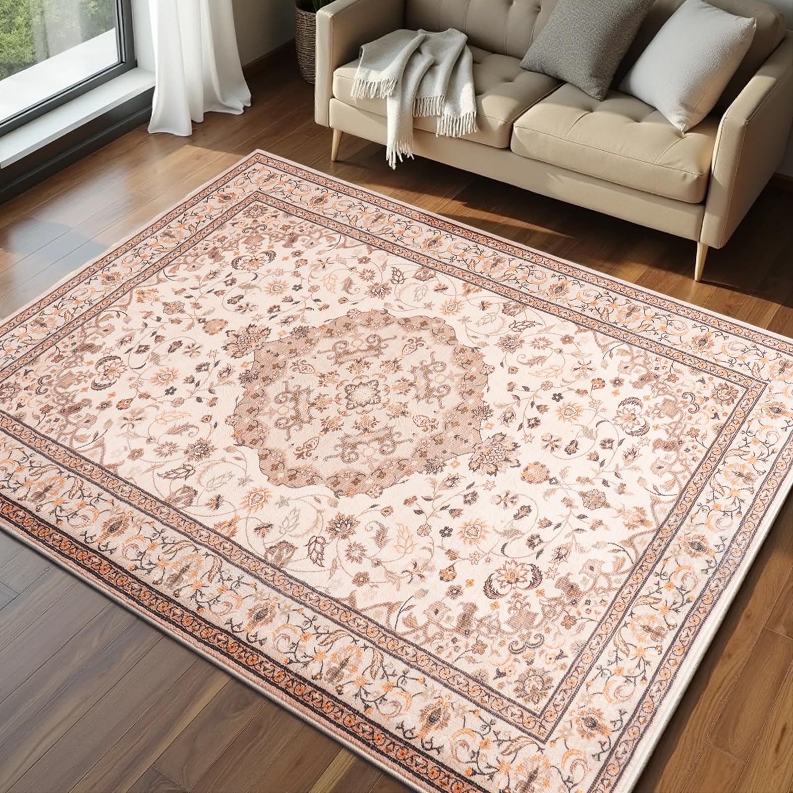 Washable Area Rugs Door Mat Entryway Vintage Floral Non-Slip Low Pile Entrance Thin Rug Carpet for Kitchen Bathroom Living Room Pink